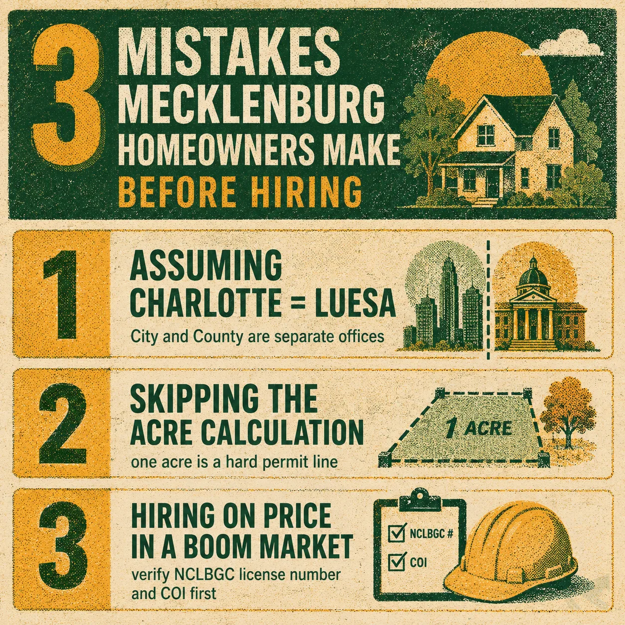 Risograph-style checklist of three common Mecklenburg grading hiring mistakes: confusing Charlotte and LUESA jurisdictions, skipping the one-acre calculation, and hiring on price without verifying license and insurance