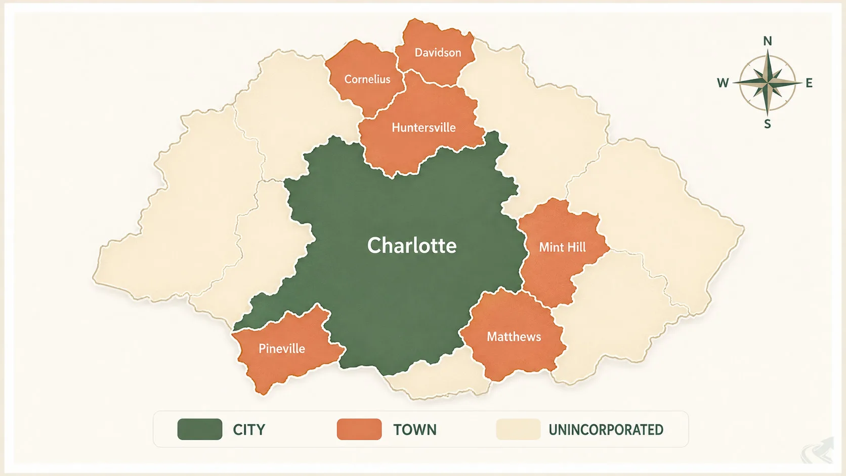 Flat map of Mecklenburg County's 8 permitting jurisdictions — Charlotte city, six incorporated towns, and unincorporated county
