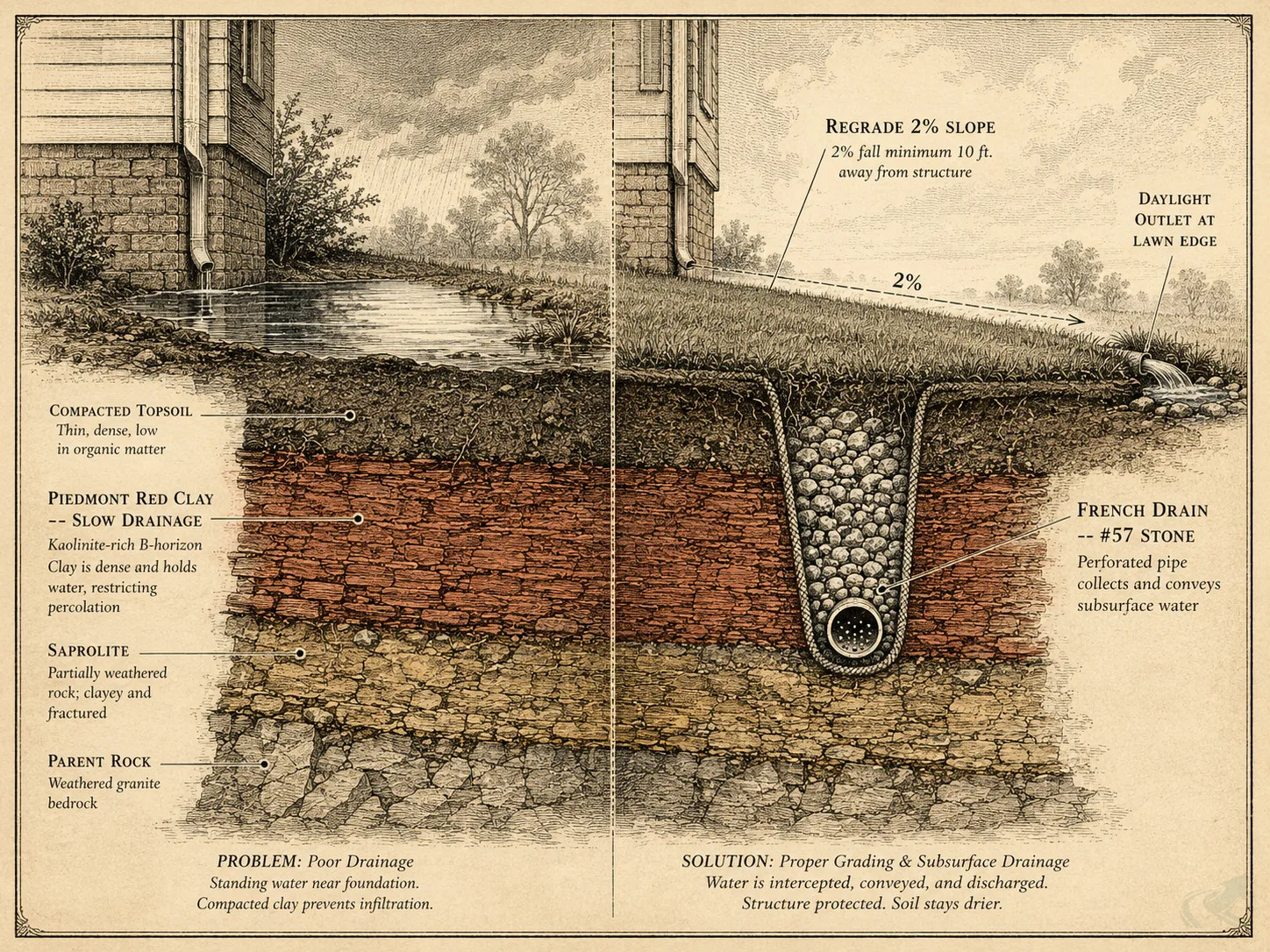 Field-guide cross-section diagram of Mecklenburg Piedmont red clay layers and a combined regrading plus French drain drainage fix