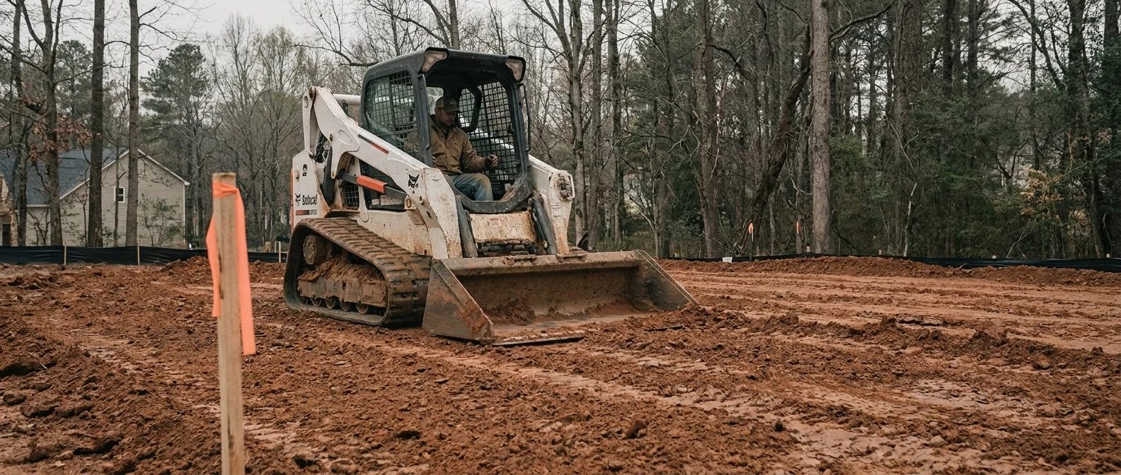 Mecklenburg County NC grading contractor -- skid steer finishing a red clay residential lot