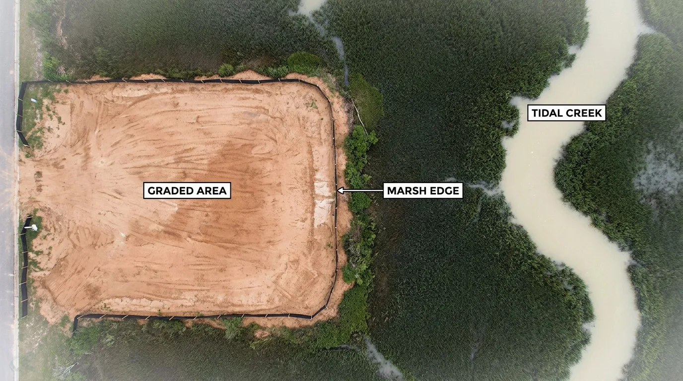 An aerial view of a sandy coastal lot bordered by a tidal creek and salt marsh, with silt fence marking the cleared area