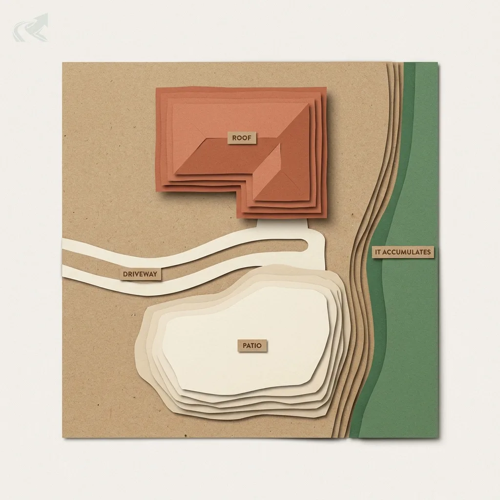 A layered paper-cut plan view of a coastal lot with roof, driveway and patio as raised paper shapes over the sandy yard