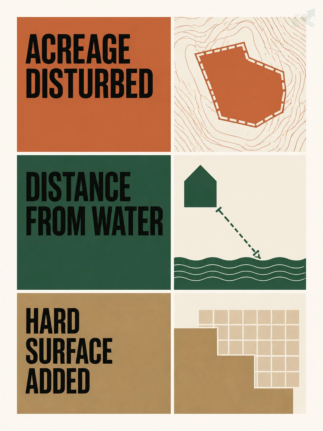 A modernist poster showing three permit triggers stacked as three blocks: acreage disturbed, distance from water, hard surface added