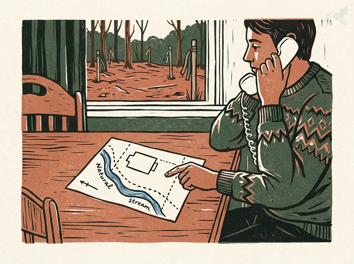 Linocut-style illustration of a homeowner on the phone at a table, pointing at a sketch of their lot that shows a house and a stream, with survey stakes visible through the window.