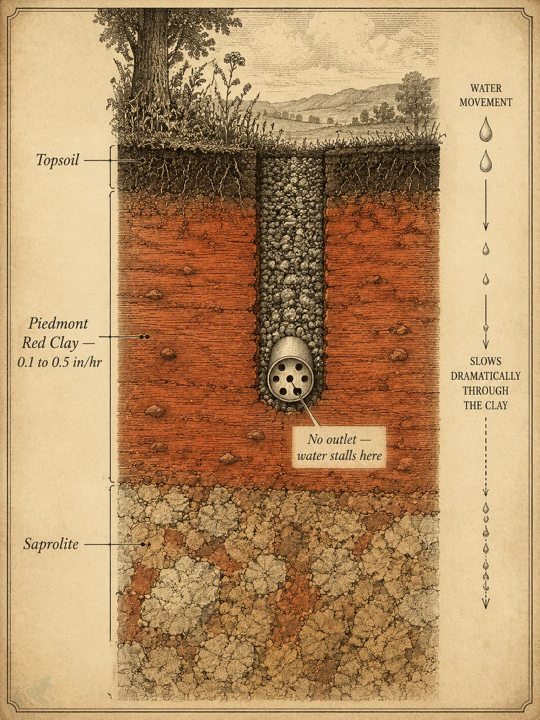Cross-section diagram of Piedmont red clay soil layers showing how the dense B-horizon slows water to 0.1–0.5 in/hr and causes a French drain without a positive outlet to saturate