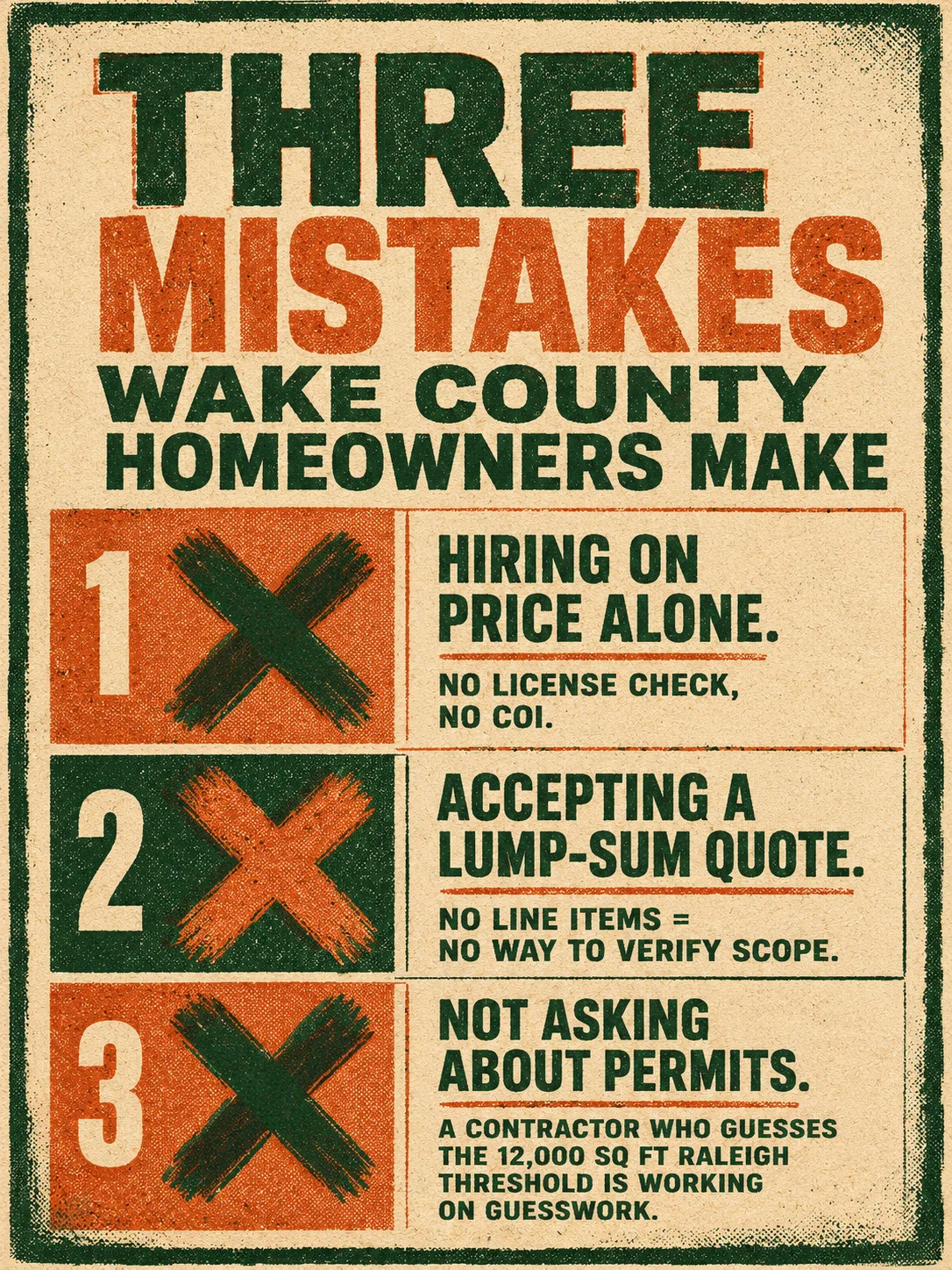 Risograph-style checklist of three common mistakes when hiring a grading contractor in Wake County — skipping credentials, accepting lump-sum quotes, and ignoring permit thresholds