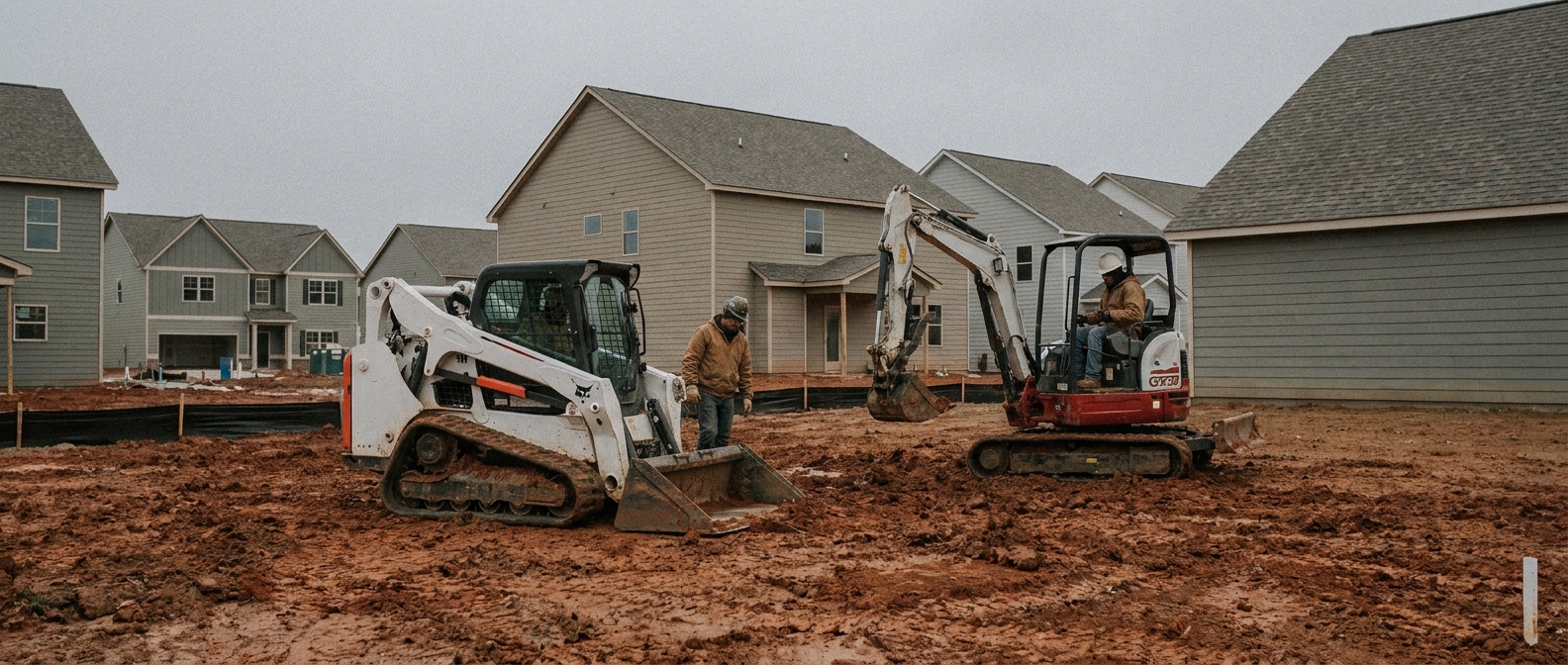 Raleigh NC grading contractor -- mini excavator shaping red clay on a subdivision lot