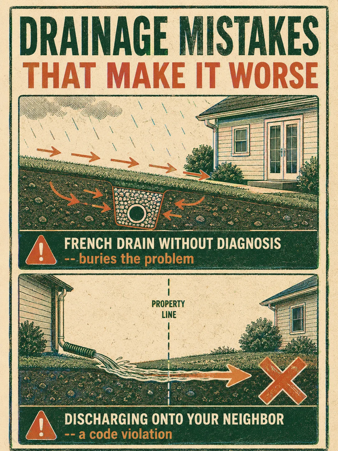 Risograph warning poster: a French drain installed without diagnosing the slope buries the problem, and discharging stormwater onto a neighbor lot is a code violation
