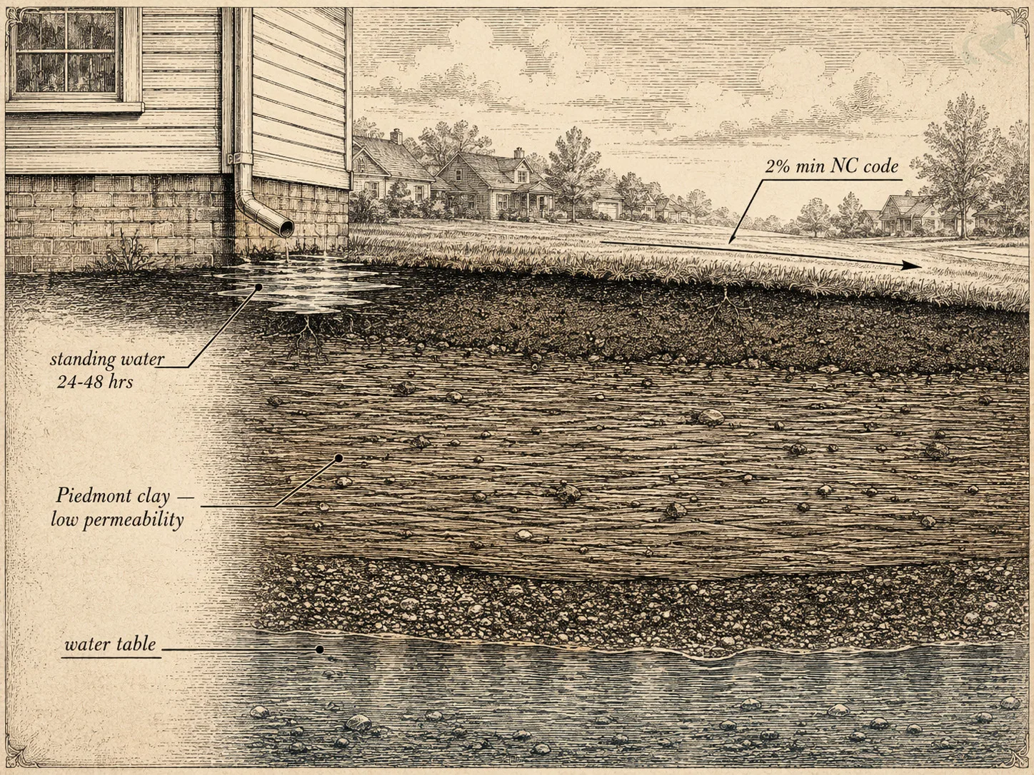 Vintage engraving cross-section of a flat Wake County subdivision lot showing the 2% NC minimum slope, compacted Piedmont clay subsoil, and standing water pooled at the foundation
