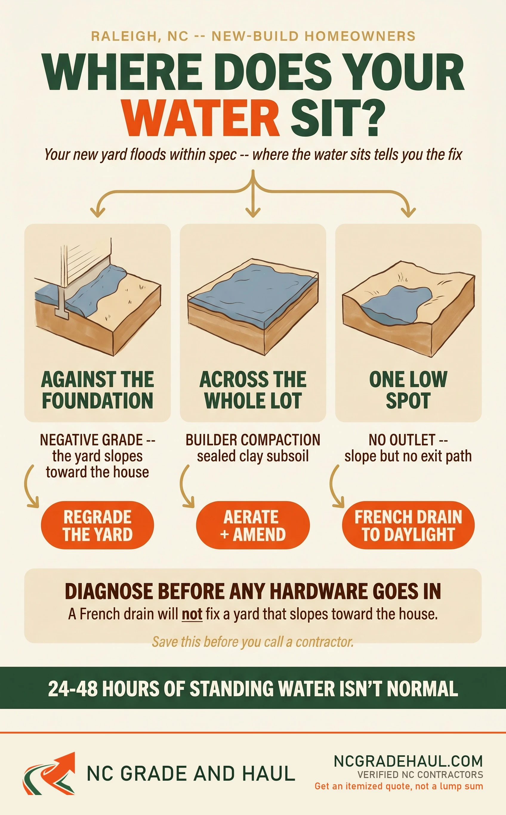 How to fix yard drainage on a flat raleigh lot - NC Grade and Haul infographic.