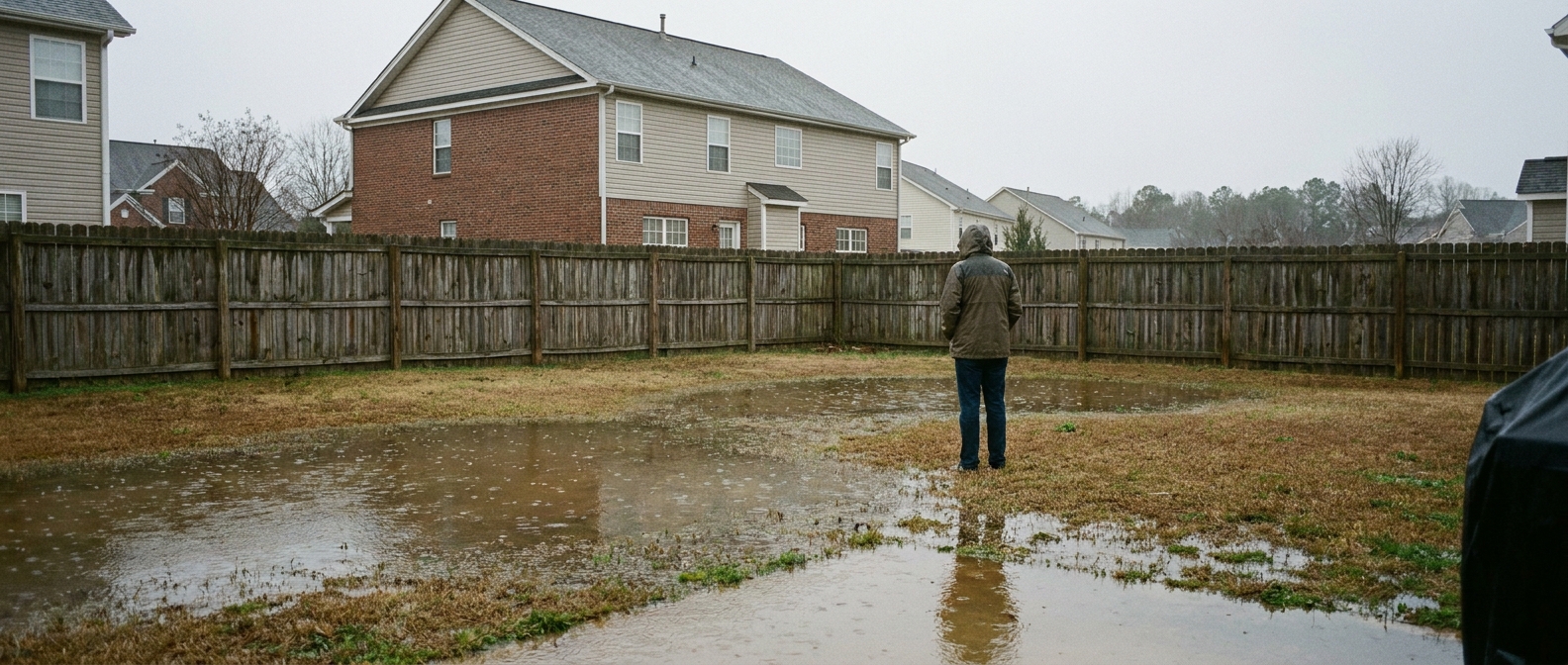 Raleigh NC yard drainage problem -- standing water pooled in a fenced suburban backyard