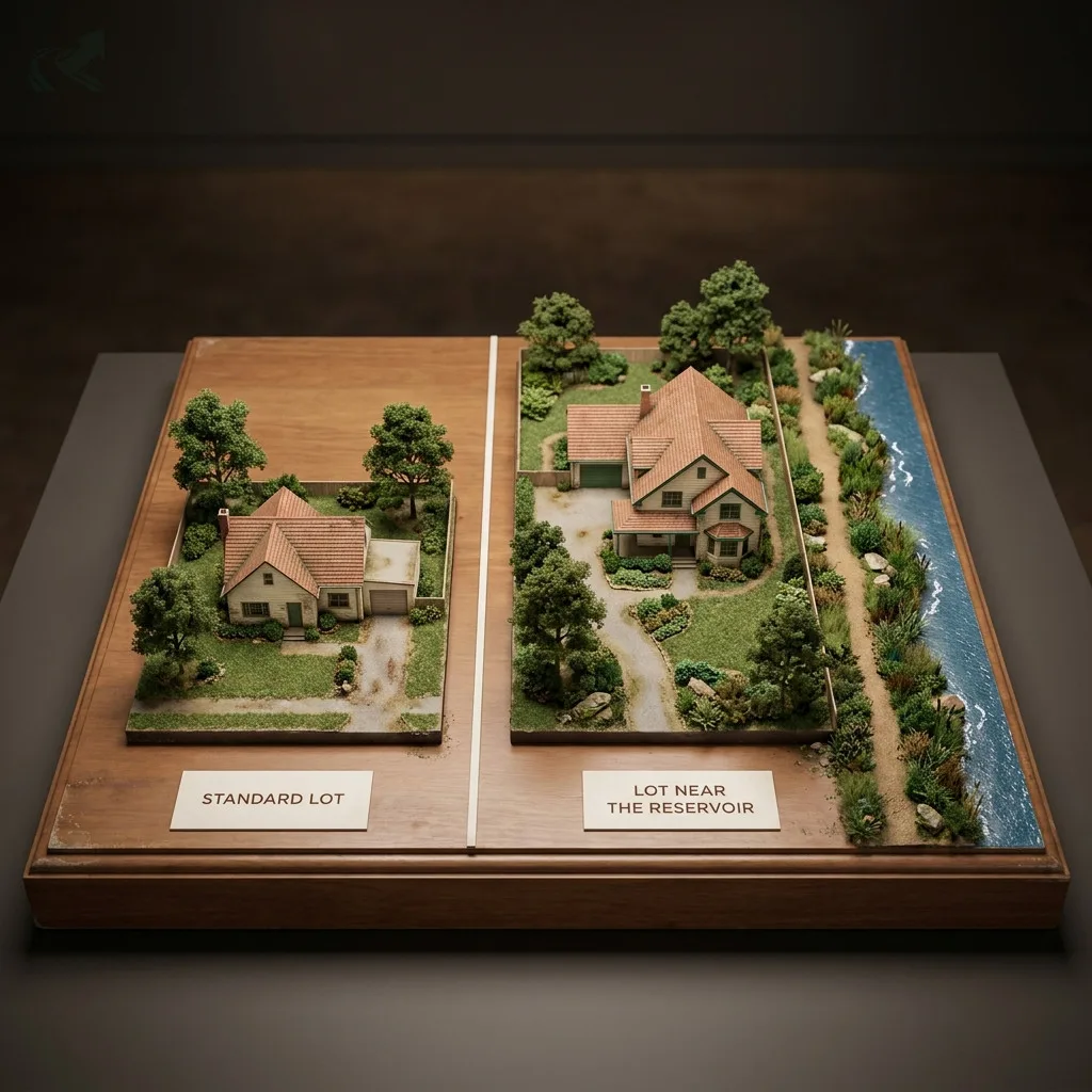 A museum-model diorama comparing a standard suburban building lot to a much larger lot of the same style sited near a reservoir shoreline with a vegetated buffer