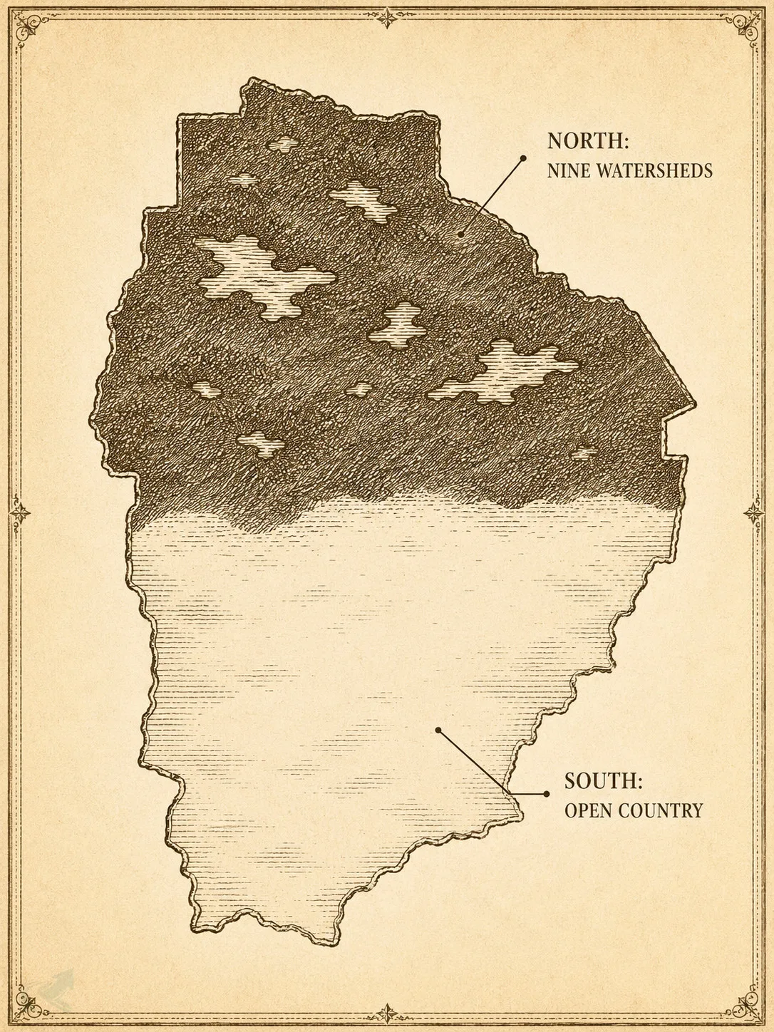 A vintage field-guide style map of a county outline, the northern half densely shaded to represent nine watersheds and the southern half left open