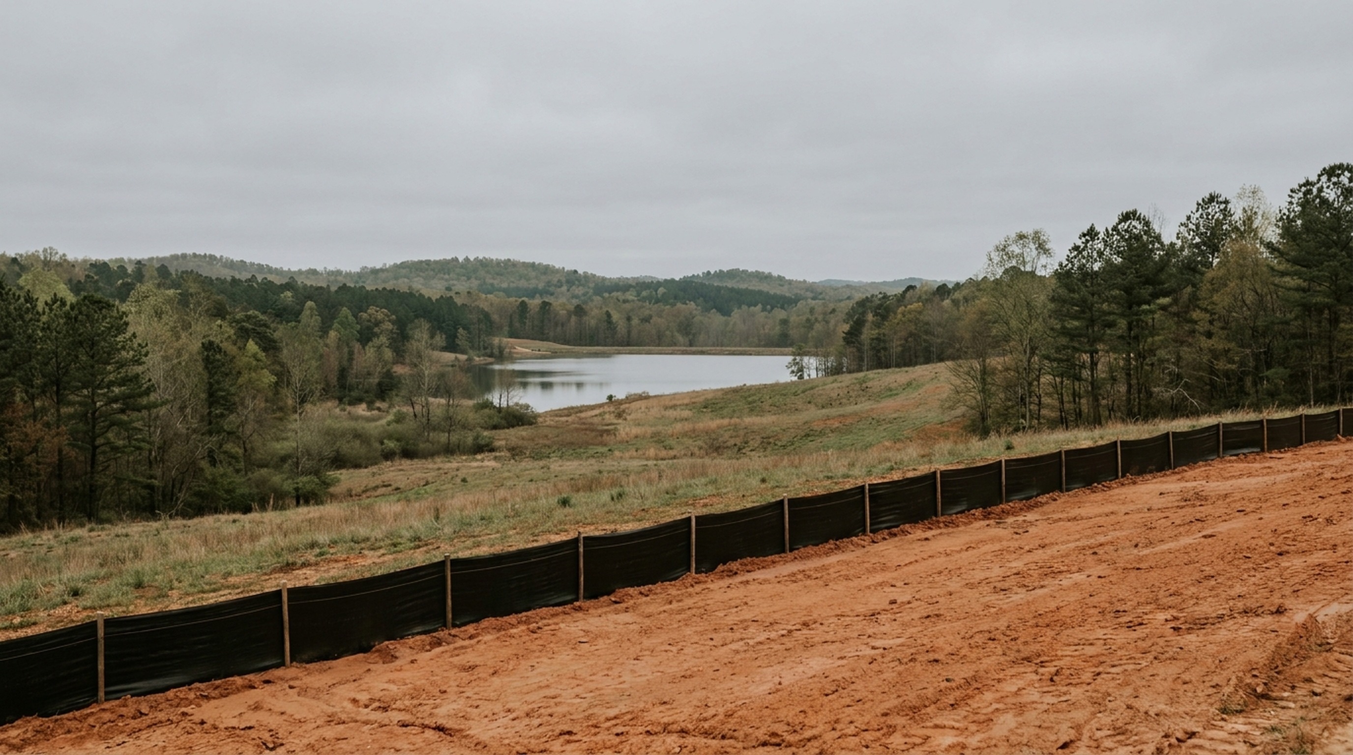 A graded rural lot in Randolph County North Carolina sloping down through a grassy buffer toward a still reservoir, black silt fence along the disturbance line, rolling Uwharrie foothills under flat overcast light