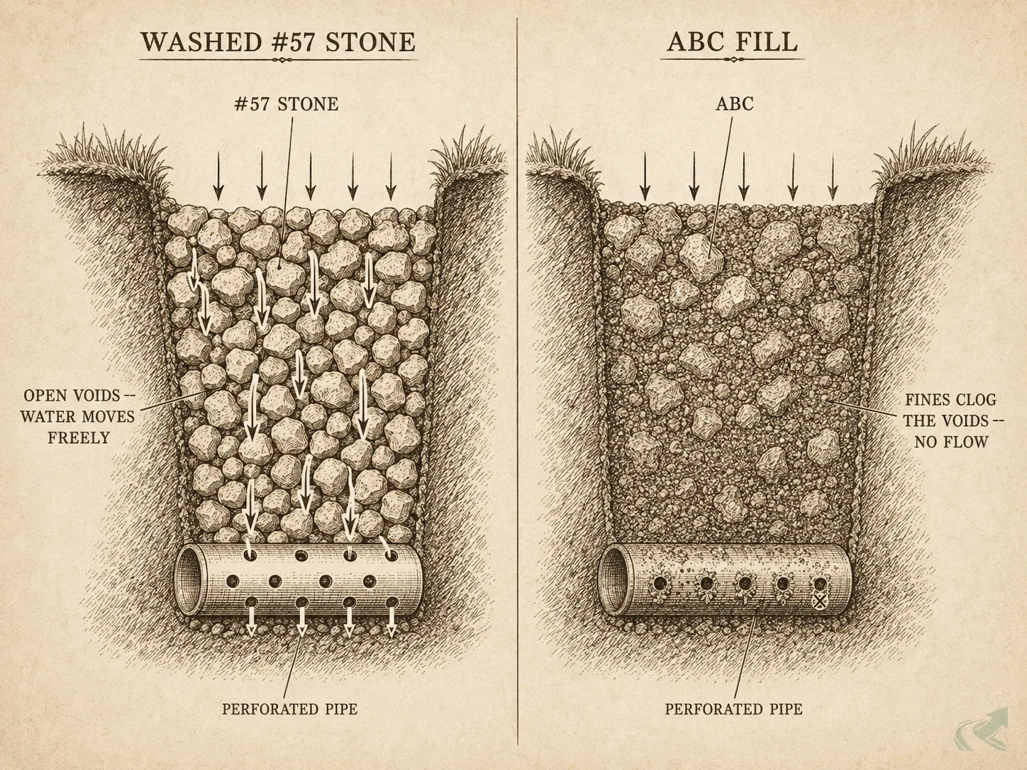 Vintage engraving cross-section comparing washed #57 stone with open voids and water flowing freely through perforated pipe versus ABC fill with packed fines blocking voids and clogging perforations