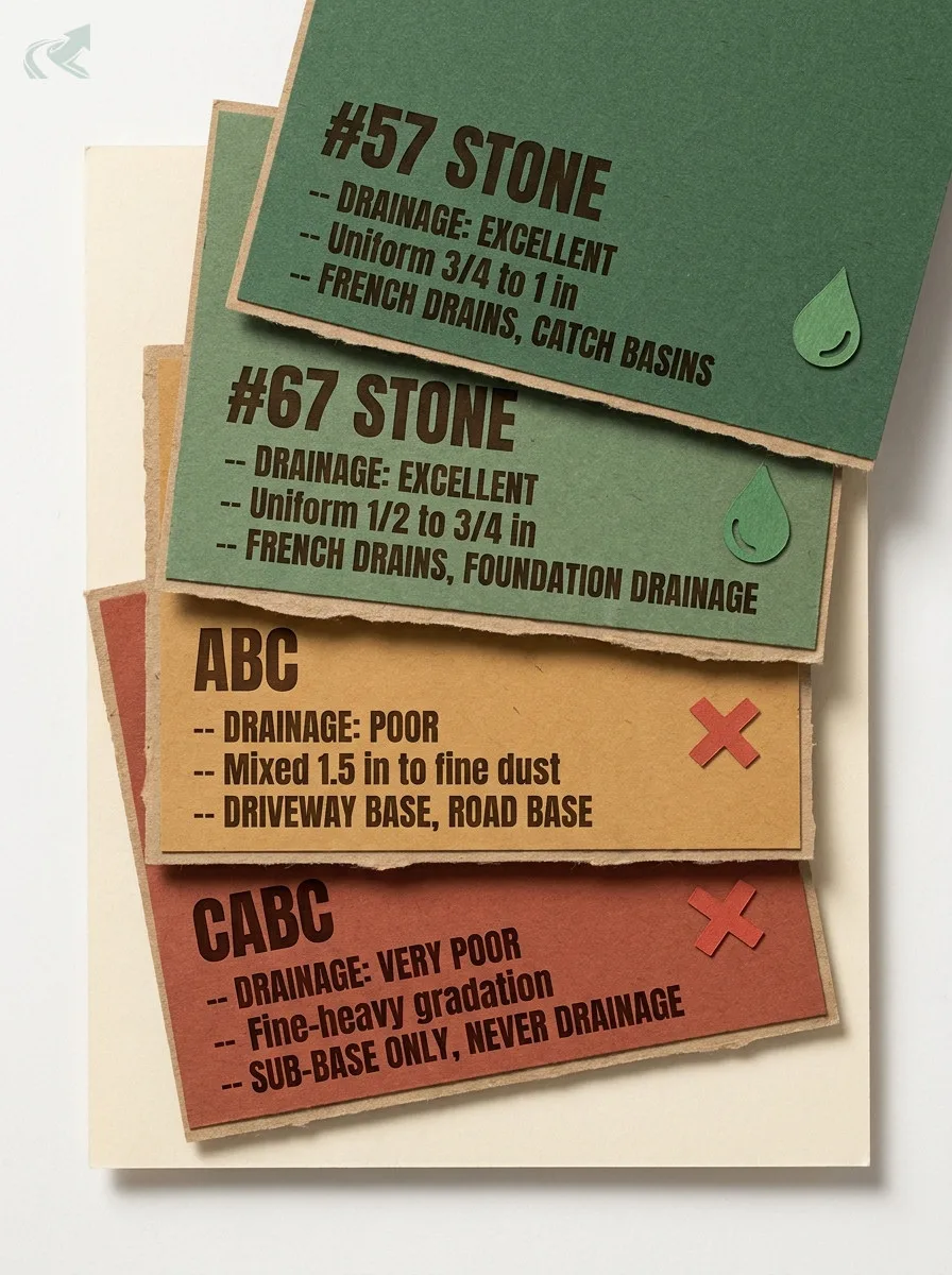 Layered papercraft cards ranking four NC aggregate types by drainage fitness -- #57 stone and #67 stone marked Drainage Excellent in forest green, ABC marked Drainage Poor in ochre, CABC marked Drainage Very Poor in terracotta