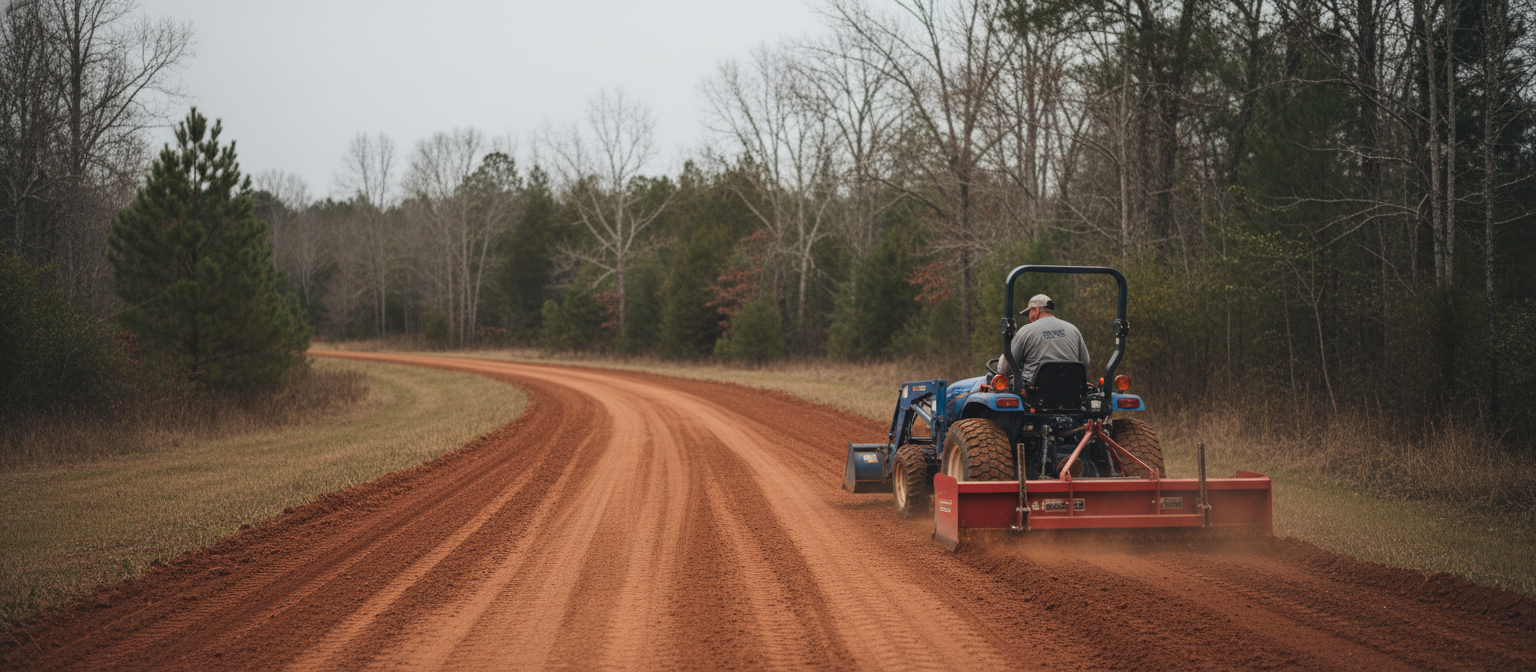 Box blade attachment leveling a red clay driveway on a NC tractor