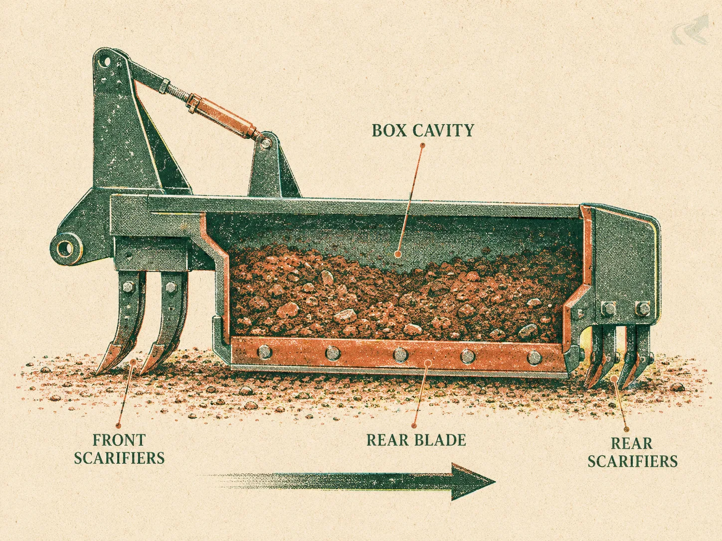 Risograph-style cross-section diagram of a box blade attachment showing front scarifiers, box cavity, rear blade, and rear scarifiers with labeled leader lines
