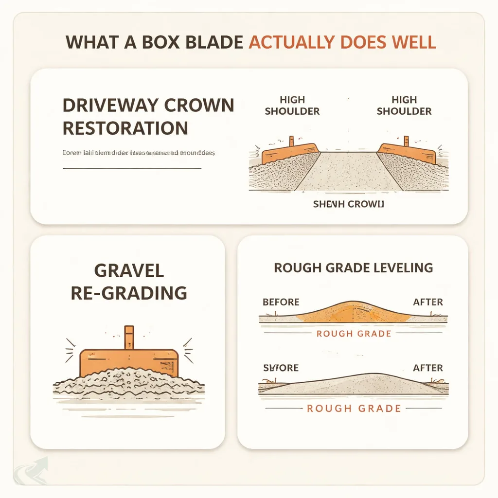 Bento-grid editorial layout showing the three best uses of a box blade in NC: driveway crown restoration, rough grade leveling, and gravel re-grading