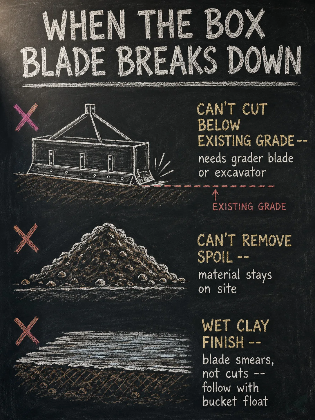 Chalkboard-style diagram listing three situations where a box blade fails: cannot cut below existing grade, cannot remove excess spoil, and smears wet clay instead of finish-grading it