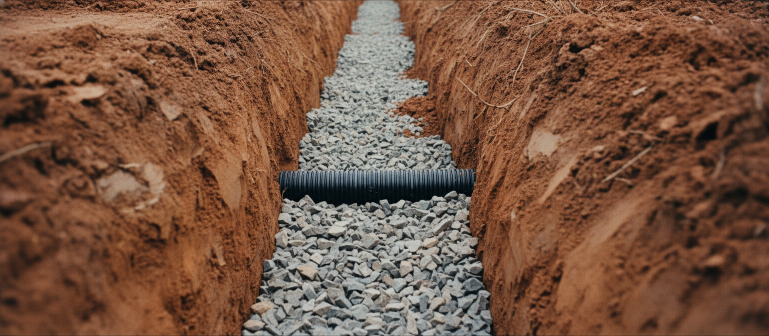 Florida-style apple drain trench in NC red clay with perforated pipe and gravel