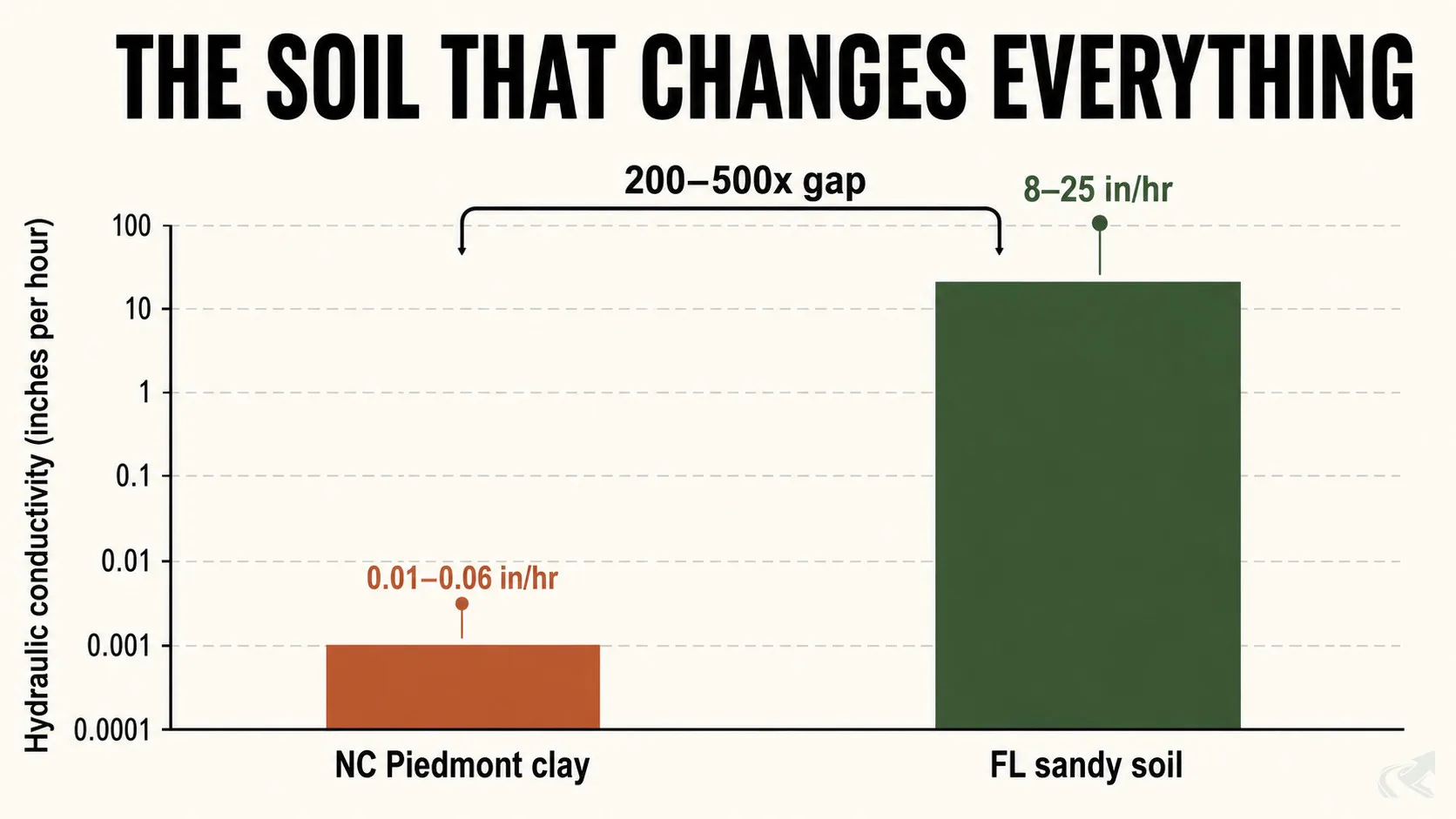 Bar chart comparing hydraulic conductivity: NC Piedmont clay at 0.01–0.06 in/hr versus Florida sandy soil at 8–25 in/hr, showing a 200–500x gap
