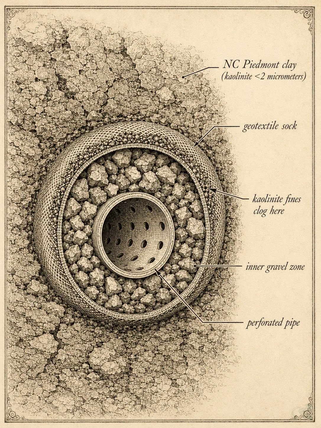 Vintage engraving cross-section showing kaolinite clay particles clogging a geotextile fabric sock around a perforated French drain pipe