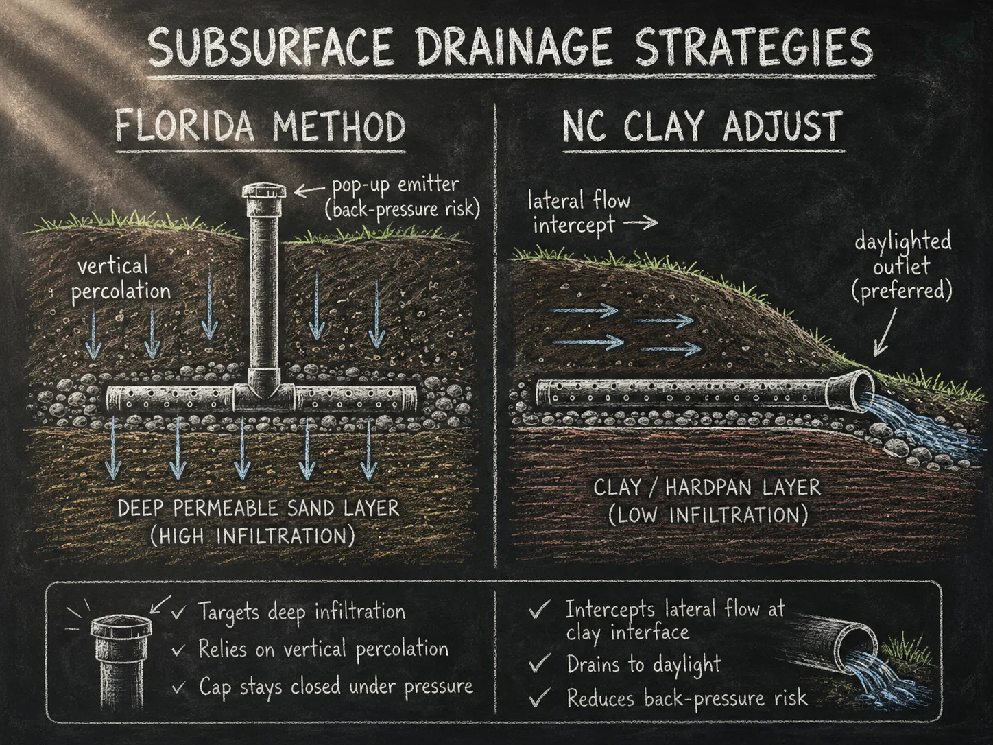 Chalkboard diagram comparing Florida method (deep pipe, pop-up emitter) versus NC clay adjustment (lateral-flow intercept pipe depth, daylighted outlet)