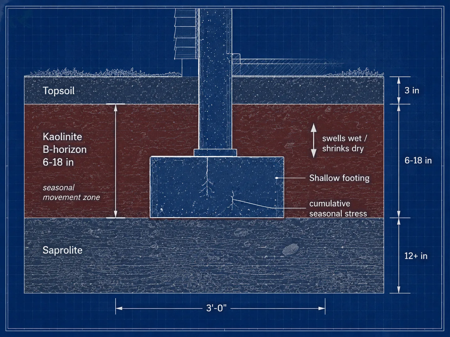 Technical blueprint cross-section of a NC Piedmont foundation footing resting on the kaolinite B-horizon seasonal movement zone, with dimension annotations for the 6-18 inch B-horizon depth, swells-wet-shrinks-dry arrow, and hairline stress cracks on the footing face
