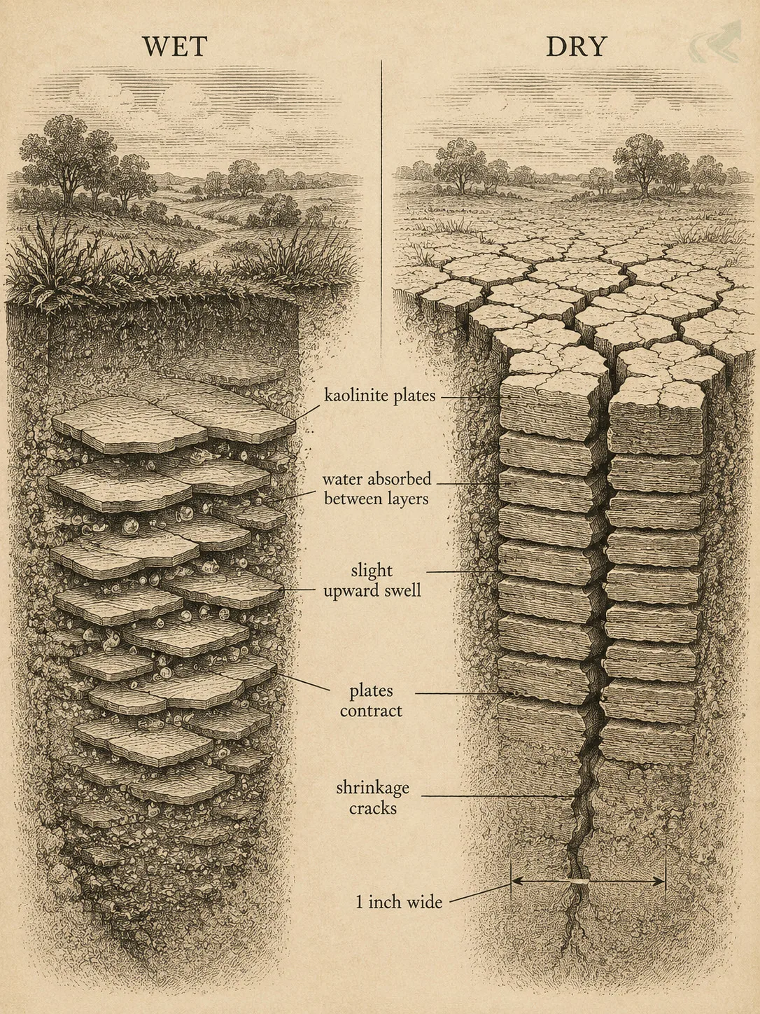 Vintage field-guide cross-section showing NC kaolinite clay plates in wet state (separated, swollen) vs dry state (collapsed, cracked surface fissures)