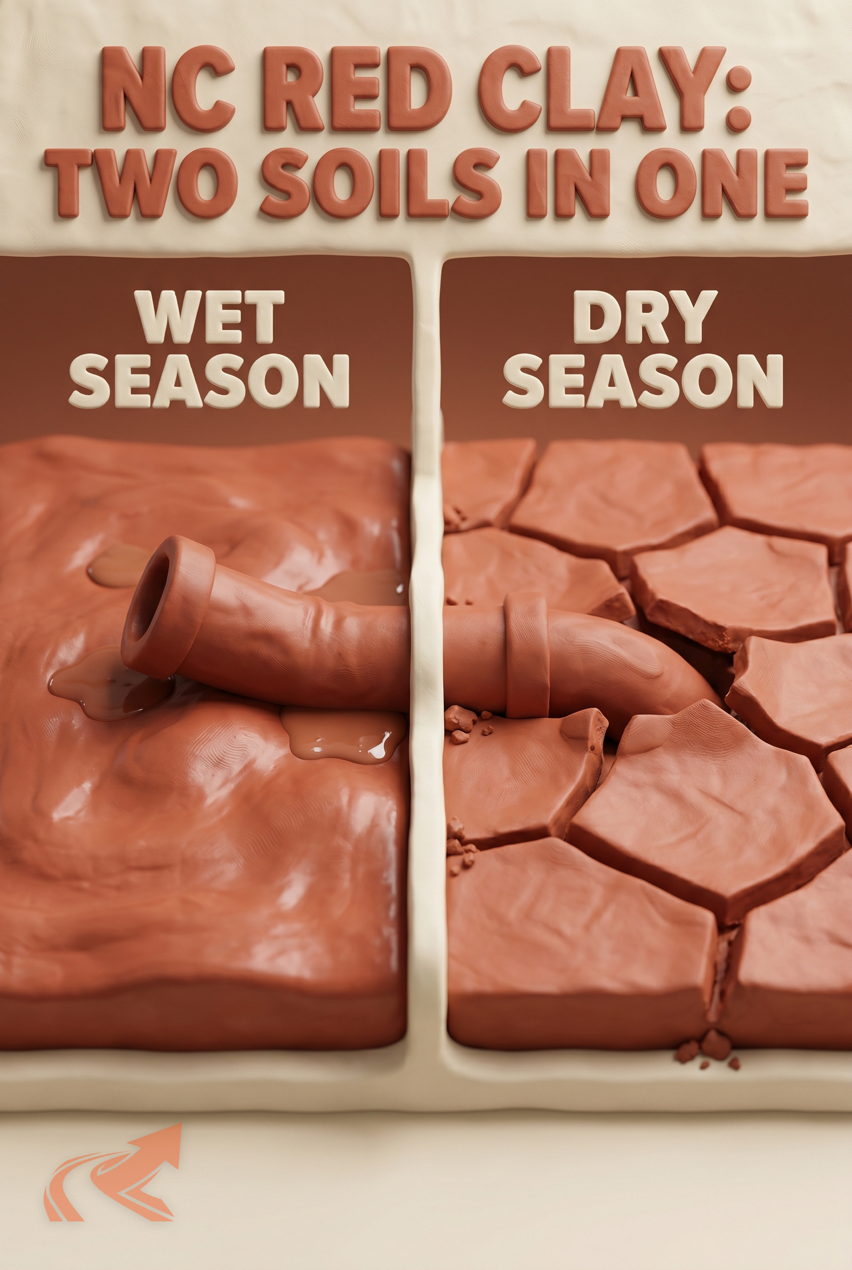 NC Red Clay Dual Nature: Slippery Wet, Concrete Dry - NC Grade and Haul infographic.