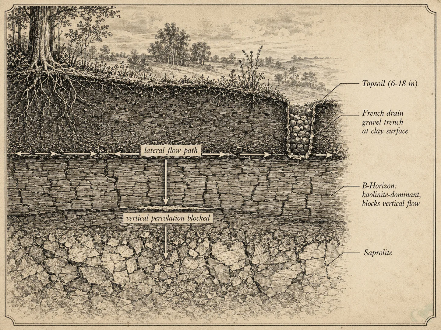 Field-guide-style cross-section engraving showing water moving laterally along the top of the NC Piedmont B-horizon kaolinite clay layer rather than percolating vertically downward, with a French drain gravel trench positioned to intercept that lateral flow