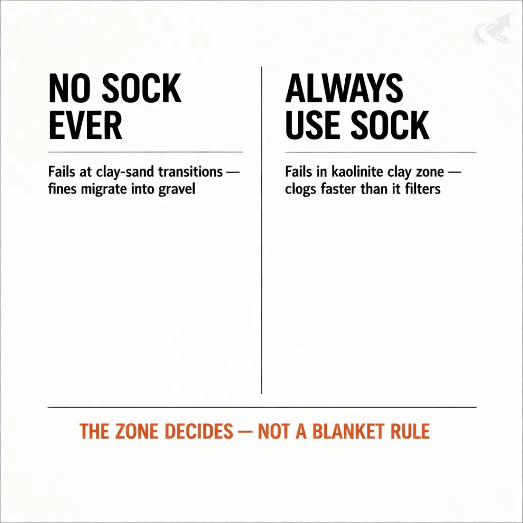 Swiss-style two-column poster contrasting the two wrong positions in the French drain fabric debate: left column 'No Sock Ever' fails at clay-sand transitions; right column 'Always Use Sock' clogs in kaolinite clay — centered conclusion reads 'The Zone Decides, Not a Blanket Rule'