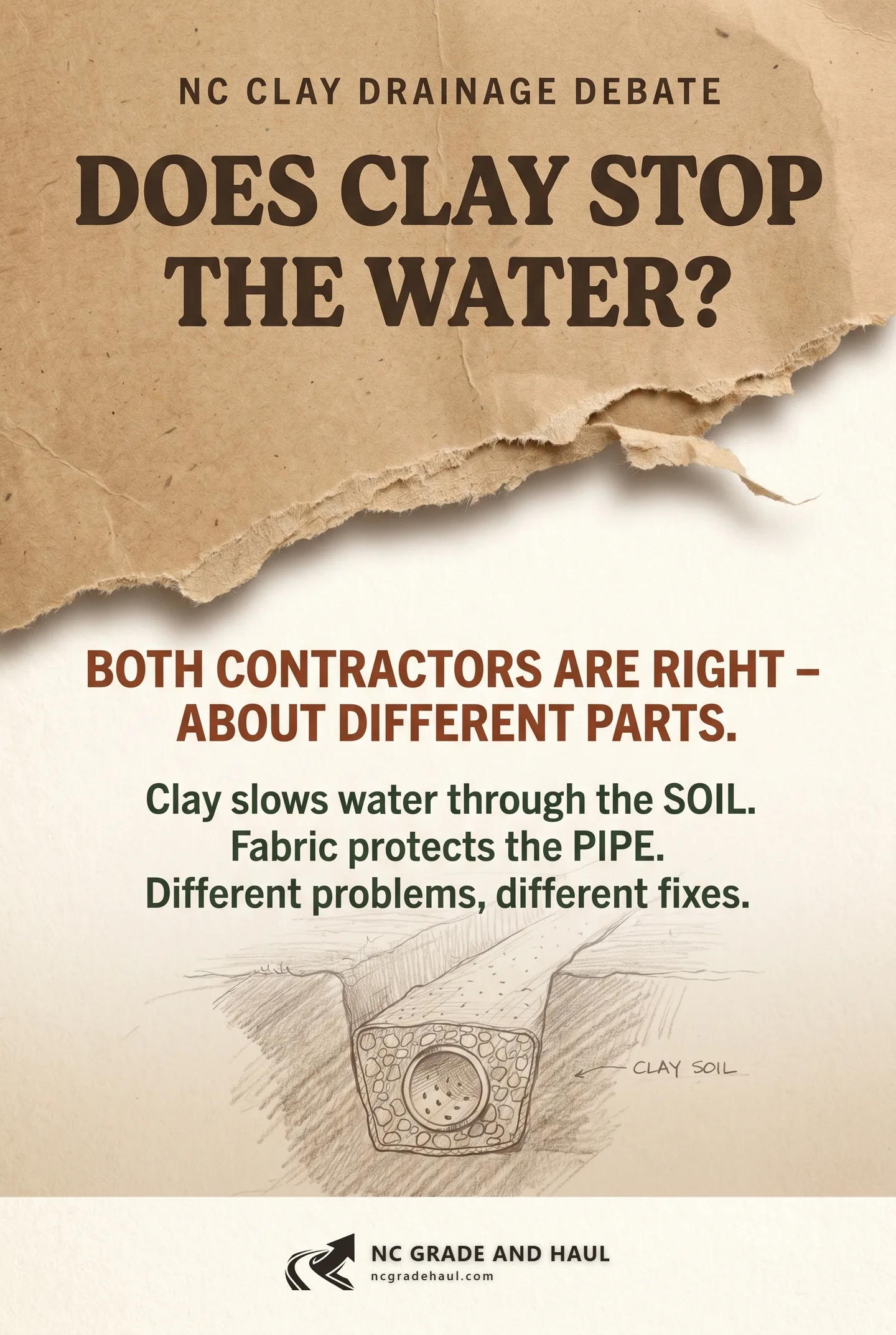 The clay-stops-the-water debate: both NC contractors are right about different parts of a French-drain system -- clay slows water through the SOIL, fabric protects the PIPE. Different problems, different fixes.