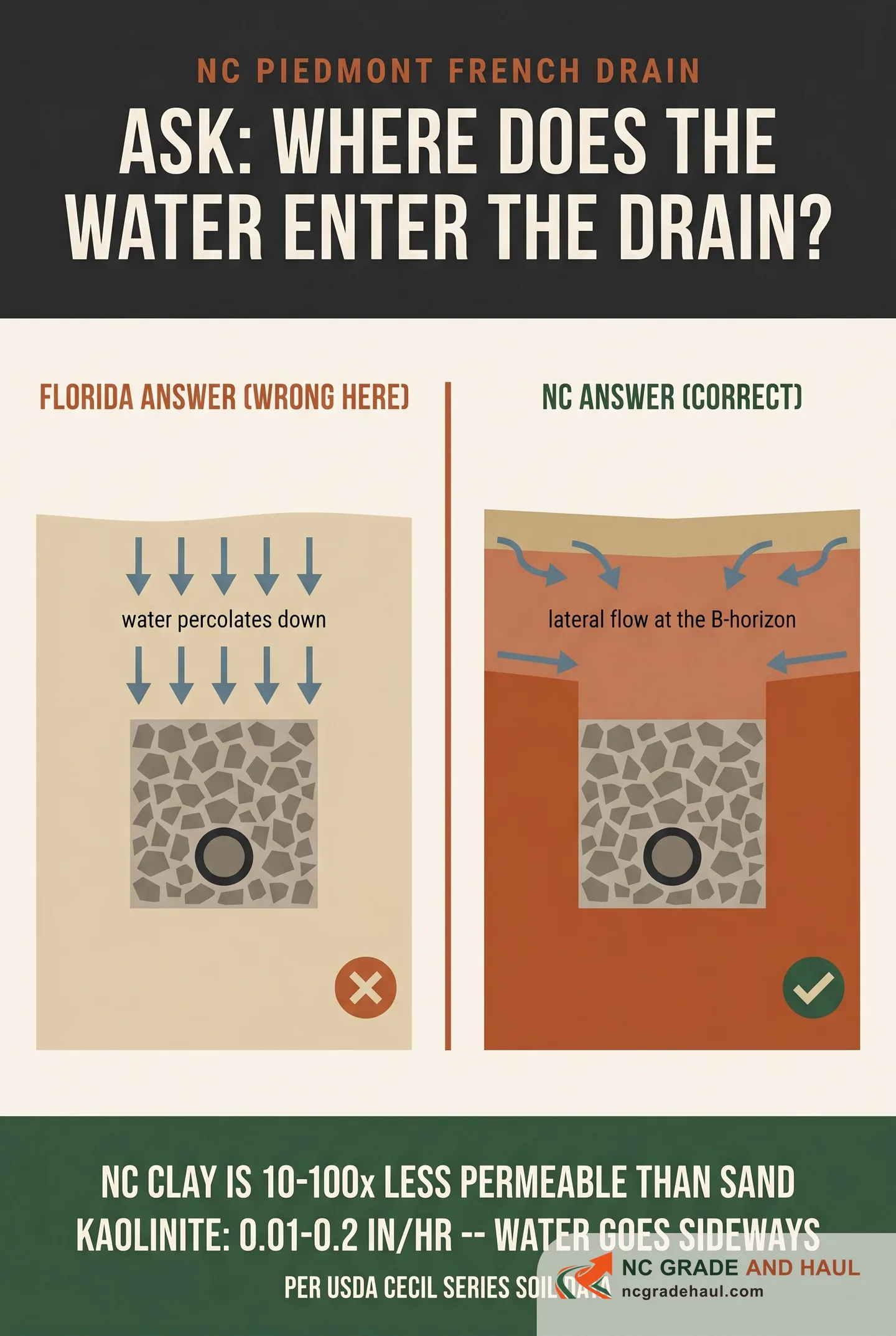 Ask your NC French drain contractor where the water enters the drain. The Florida answer -- water percolates straight down through the soil into the gravel -- is wrong for NC. The correct NC answer is lateral flow along the top of the clay at the B-horizon, because NC Piedmont kaolinite clay is 10 to 100 times less permeable than sand (0.01-0.2 in/hr per USDA Cecil series data) so water moves sideways, not down.