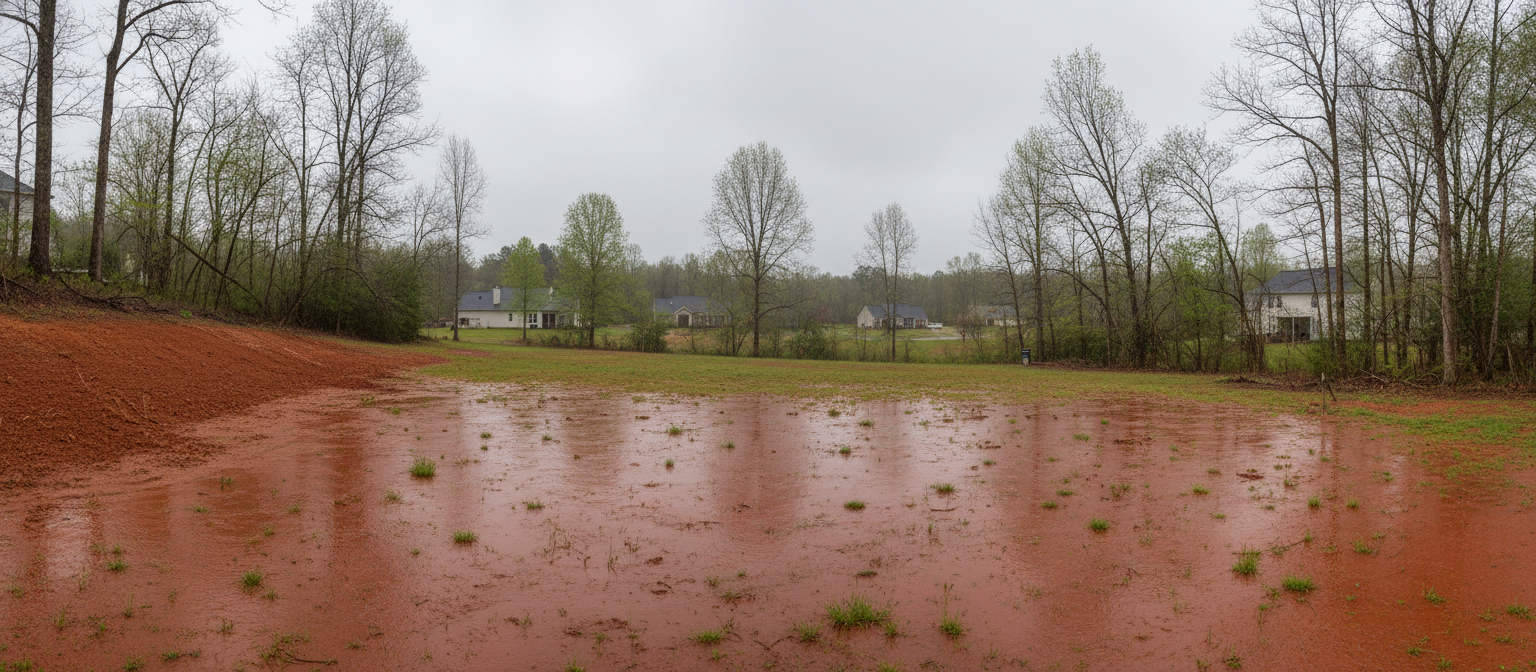 NC climate flooding on a red clay pad after heavy Piedmont rainfall