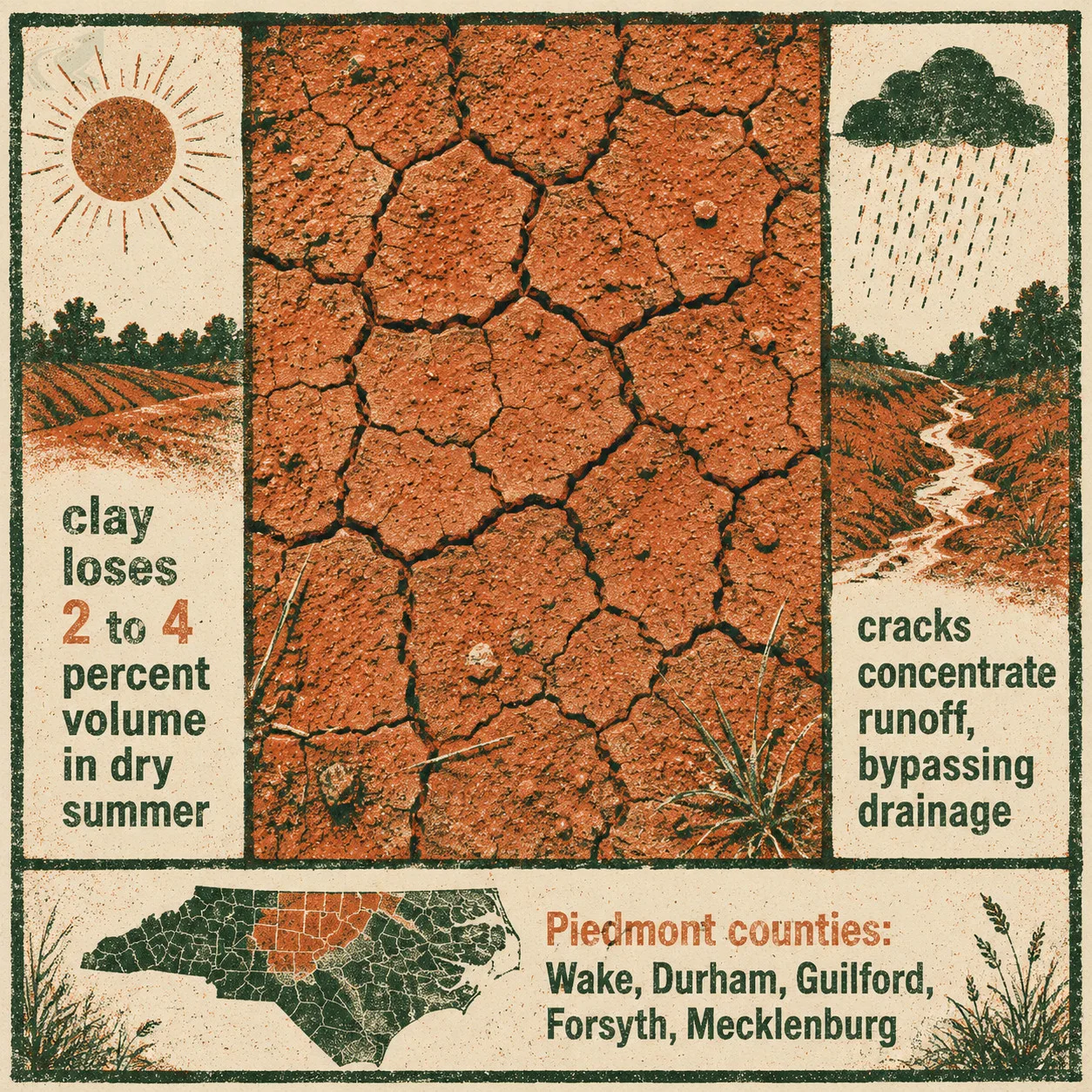 Risograph-style square graphic of NC Piedmont red clay showing surface cracks from summer dry spell, with labels noting two to four percent volume loss and that cracks concentrate runoff, bypassing drainage, in counties including Wake, Durham, Guilford, Forsyth, and Mecklenburg.