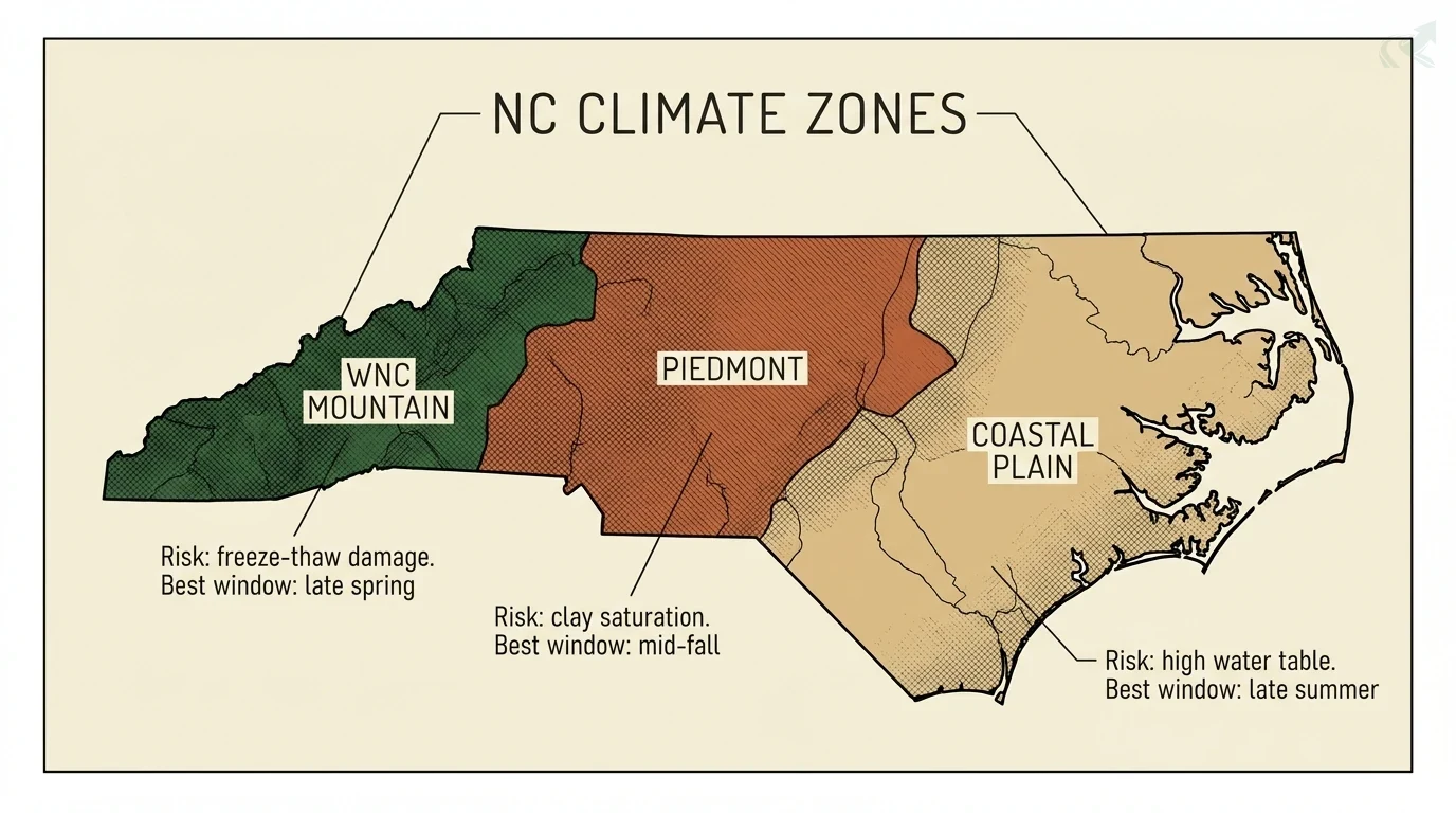 A map of North Carolina's three climate zones: WNC Mountain with freeze-thaw damage risk and a late-spring best window, Piedmont with clay-saturation risk and a mid-fall window, and Coastal Plain with high water table risk and a late-summer window.