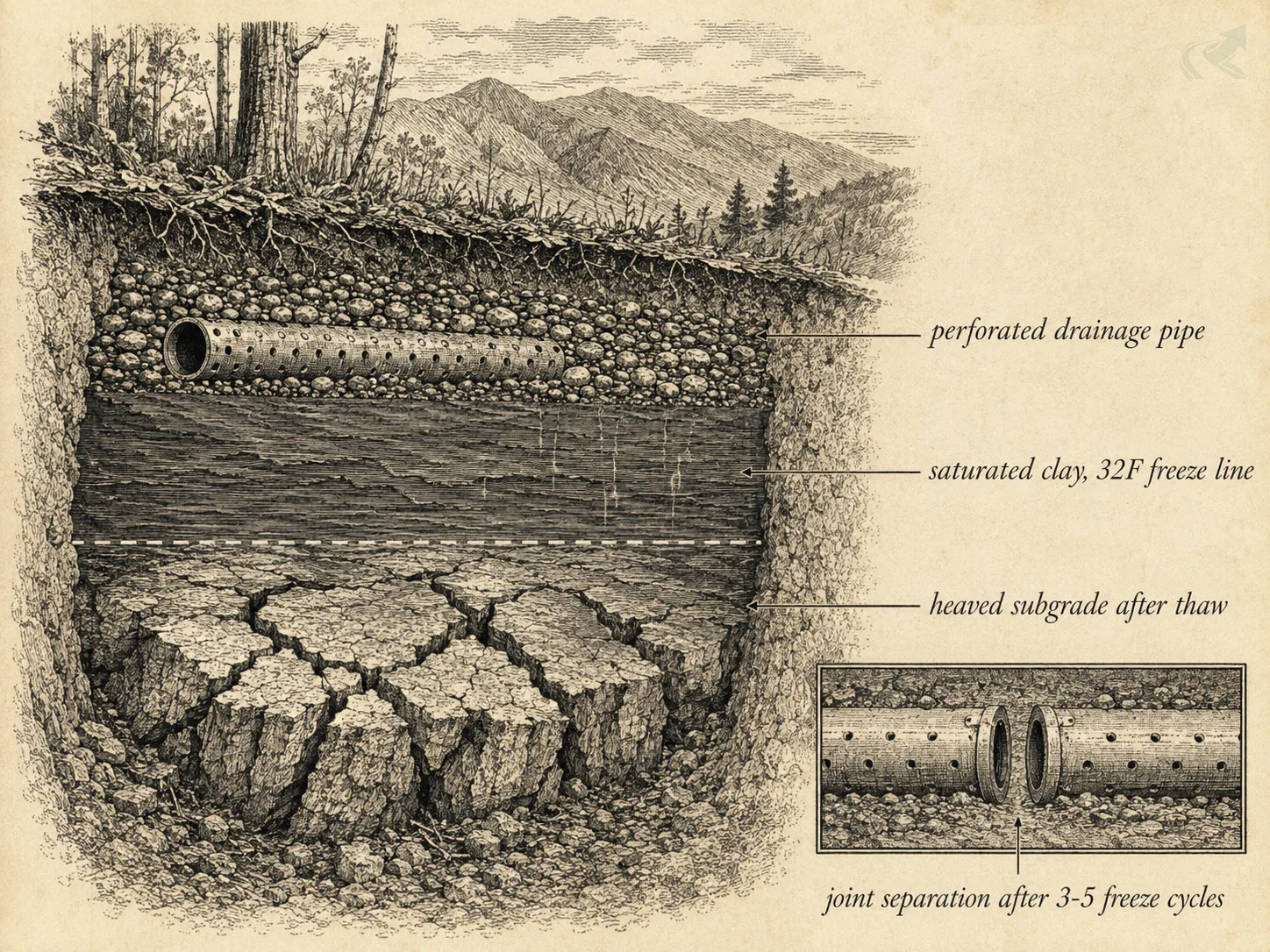 Vintage-engraving cross-section of WNC mountain soil showing a drainage pipe above a saturated clay freeze zone, a heaved subgrade below, and an inset callout for pipe-joint separation after three to five freeze cycles.