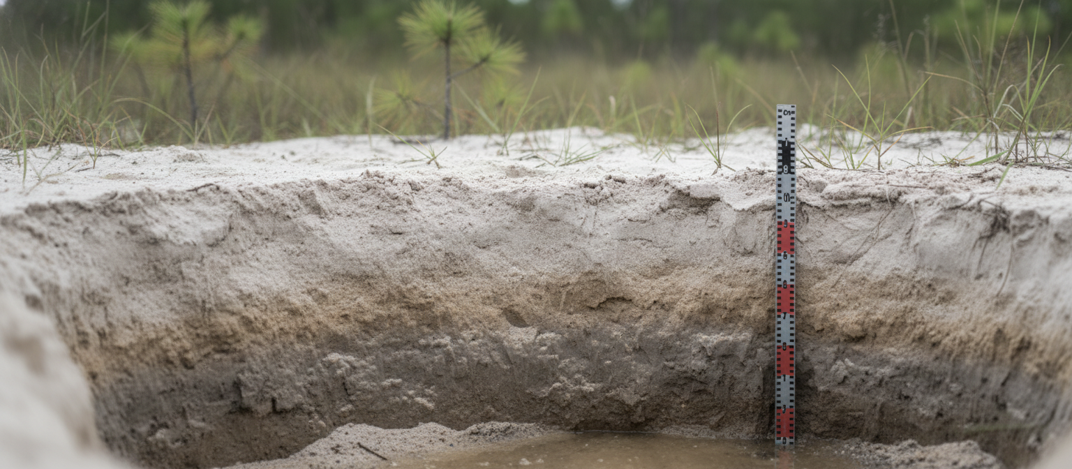 NC coastal plain sandy soil profile with pale layers exposed beside longleaf pines
