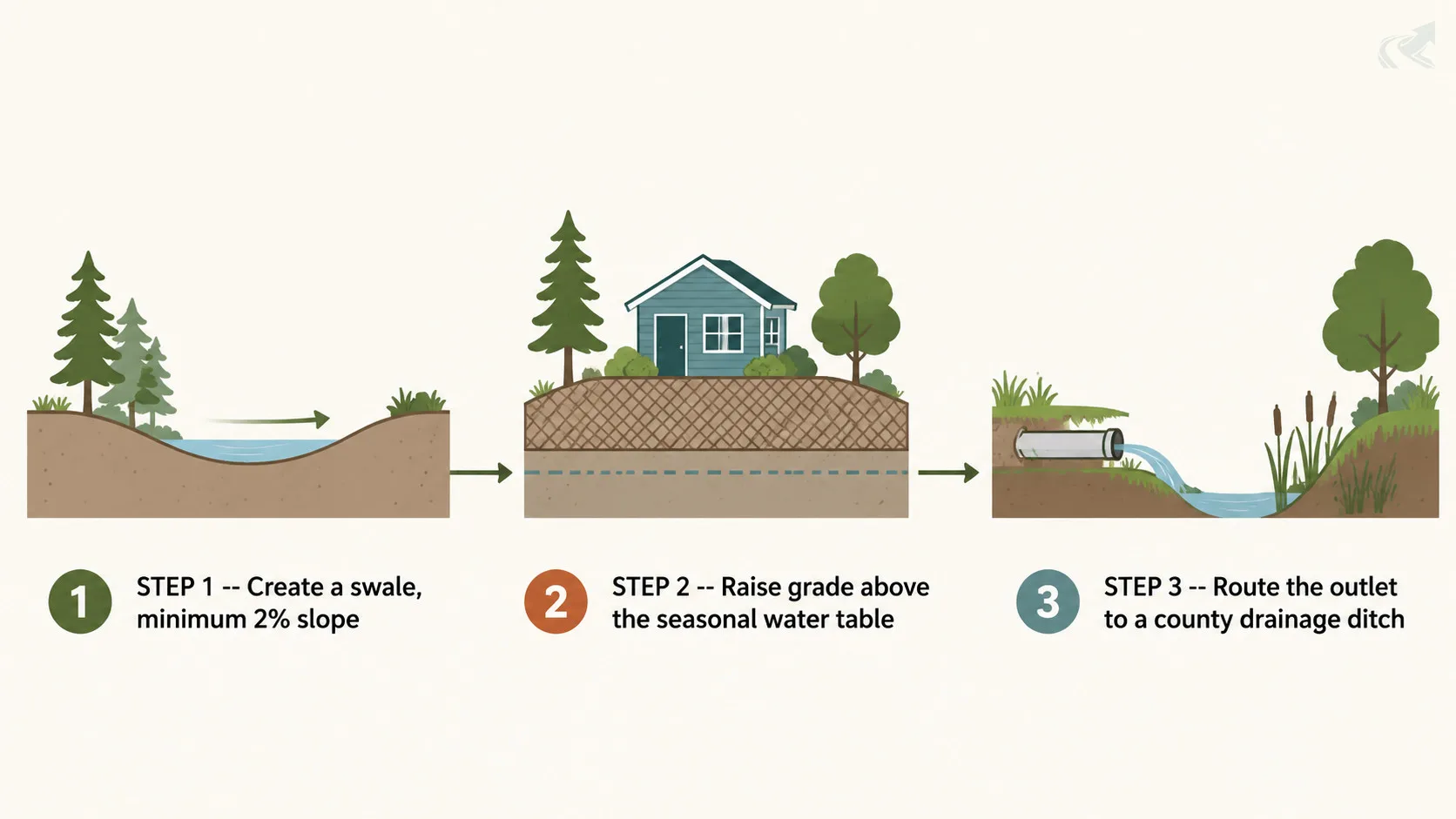 Three-step flat-vector diagram for flat NC Coastal Plain drainage: create a swale at minimum 2% slope, raise finished grade above the seasonal water table, and route the outlet to a county drainage ditch