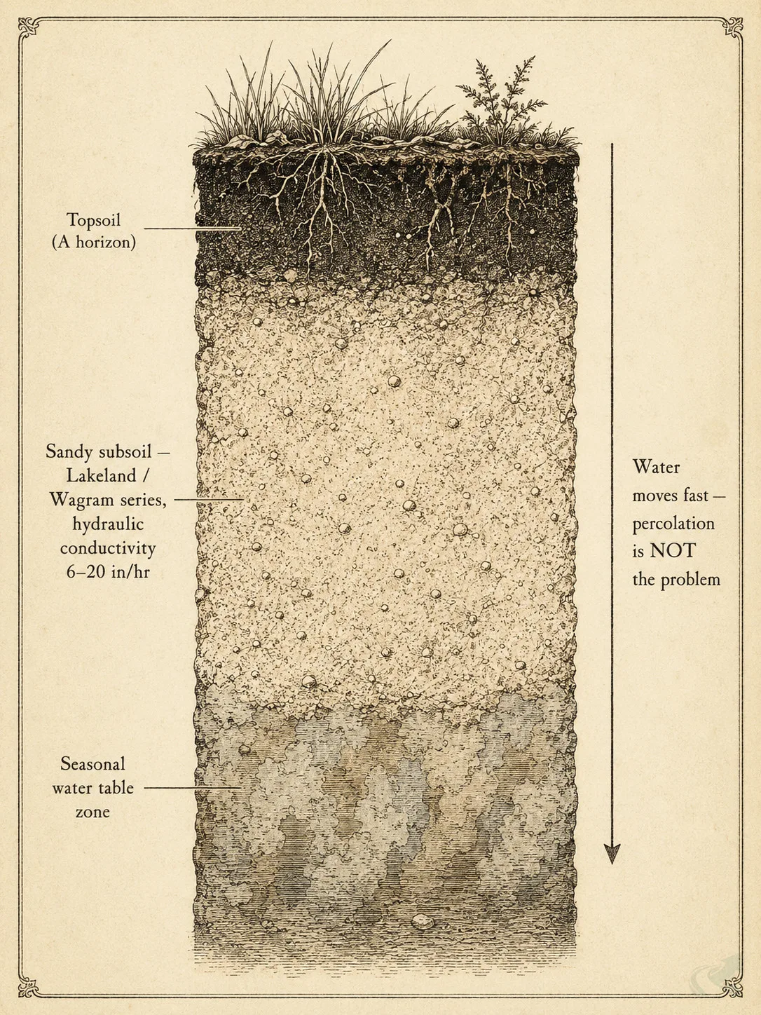 Vintage engraving cross-section of NC Coastal Plain sandy soil showing three layers — surface topsoil, coarse Lakeland/Wagram sandy subsoil with fast hydraulic conductivity, and the seasonal water-table zone below