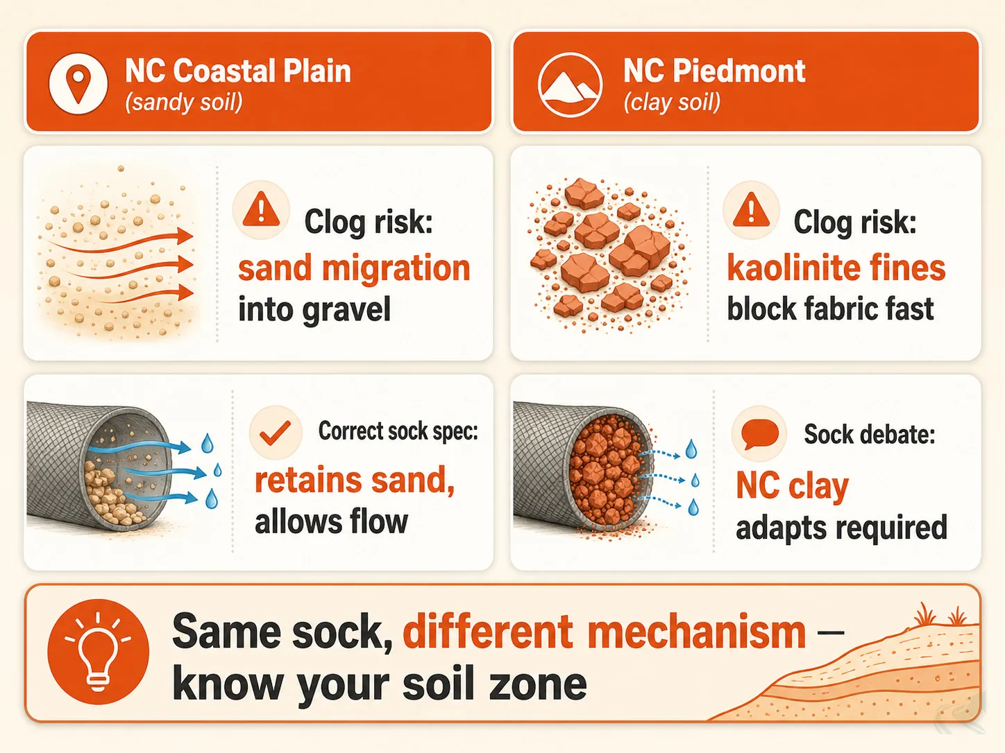 Bento-grid comparison of French drain filter sock behavior in NC Coastal Plain sandy soil versus NC Piedmont clay soil, showing different clog mechanisms and sock specifications for each zone