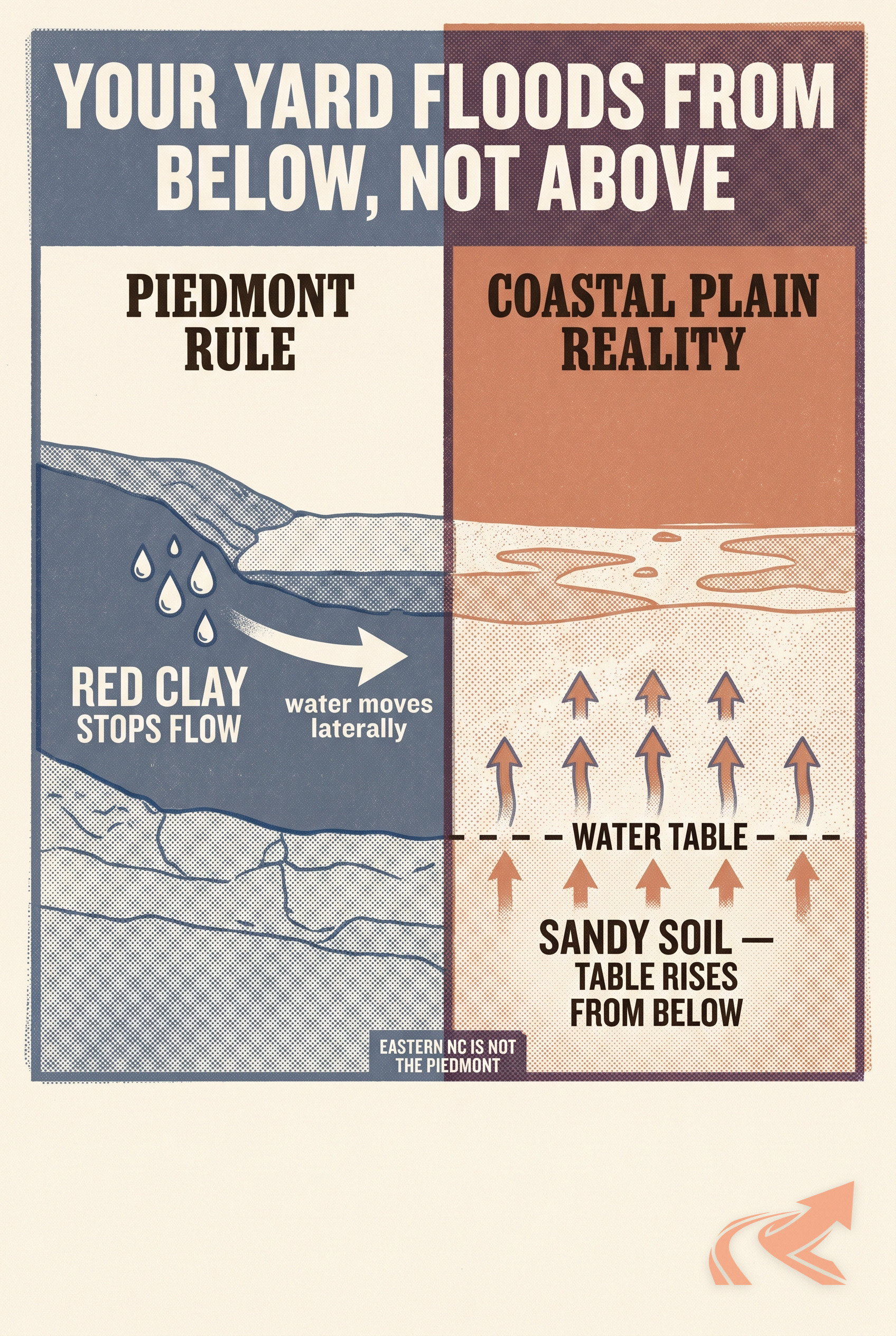 NC Coastal Plain Drainage: Sandy Soils, High Water Table - NC Grade and Haul infographic.