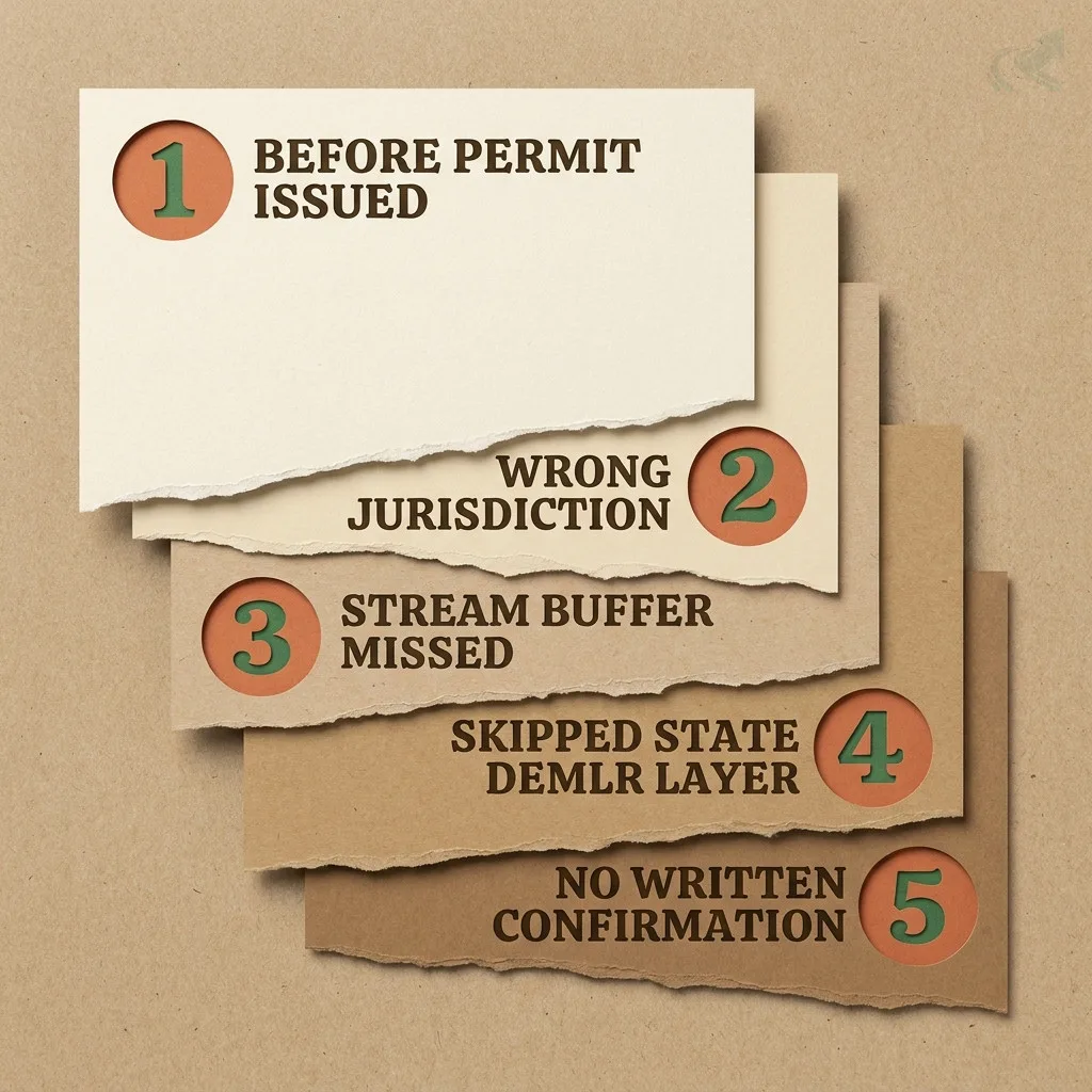Papercraft layered index cards fanned out on a kraft surface, each card showing one of the five NC permit mistakes: 1 Before Permit Issued, 2 Wrong Jurisdiction, 3 Stream Buffer Missed, 4 Skipped State DEMLR Layer, 5 No Written Confirmation -- terracotta numbered circles on cream and kraft cardstock layers with soft drop shadows