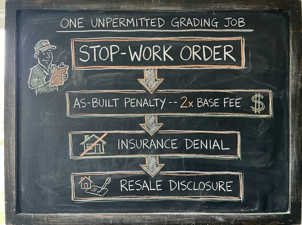 Chalkboard illustration showing the consequence cascade of a single unpermitted grading job: stop-work order at the top with an inspector figure, arrow down to as-built penalty at 2x base fee, arrow down to insurance denial, arrow down to resale disclosure at the bottom