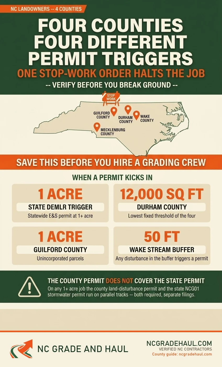 NC grading permit infographic: four counties, four different permit triggers -- state DEMLR at 1 acre, Durham County at 12,000 sq ft, Guilford County at 1 acre, and the 50-ft Wake stream buffer. The county permit does not cover the state NCG01 stormwater permit -- both run on parallel tracks.