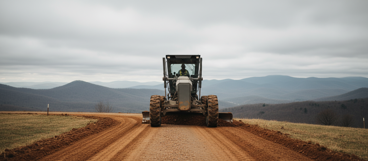 Motor grader shaping crown and water bars on a red NC rural driveway
