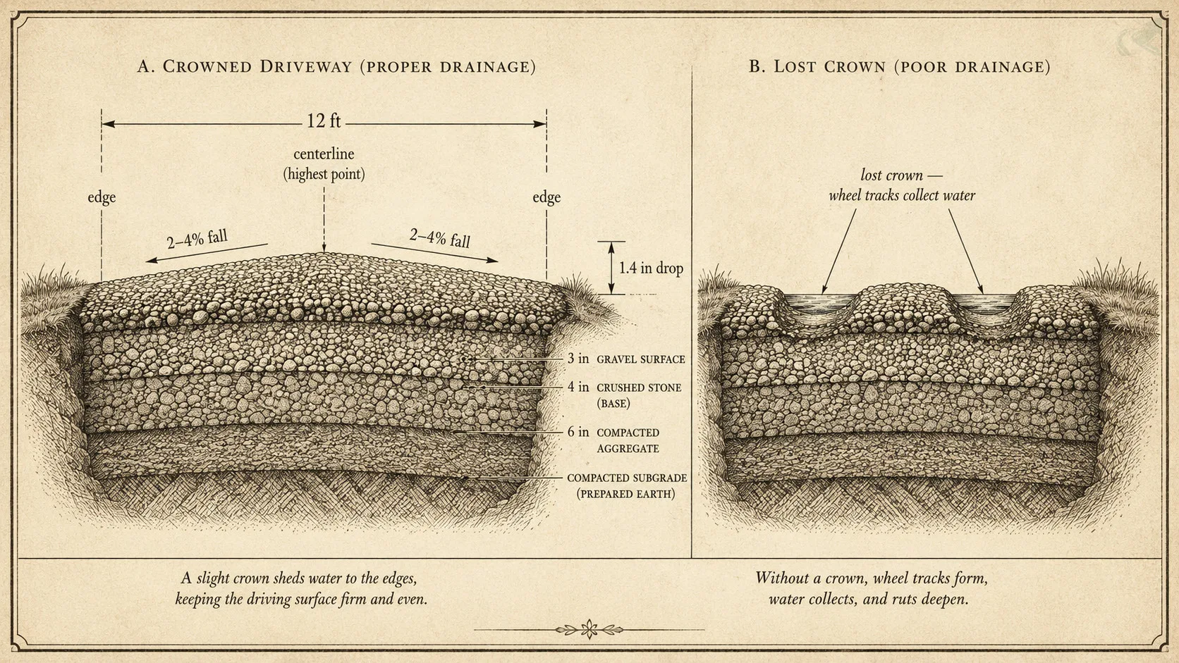 Field-guide cross-section of a crowned driveway showing the 2–4% fall from centerline to edge versus a flat driveway where wheel tracks collect water