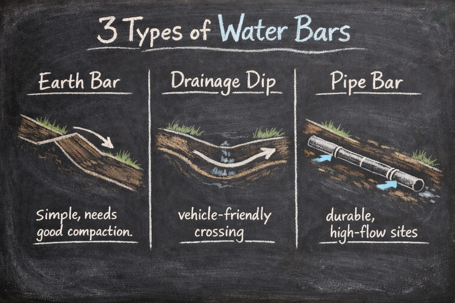 Chalkboard diagram showing the three common NC rural driveway water bar types: compacted earth bar, drainage dip, and pipe water bar